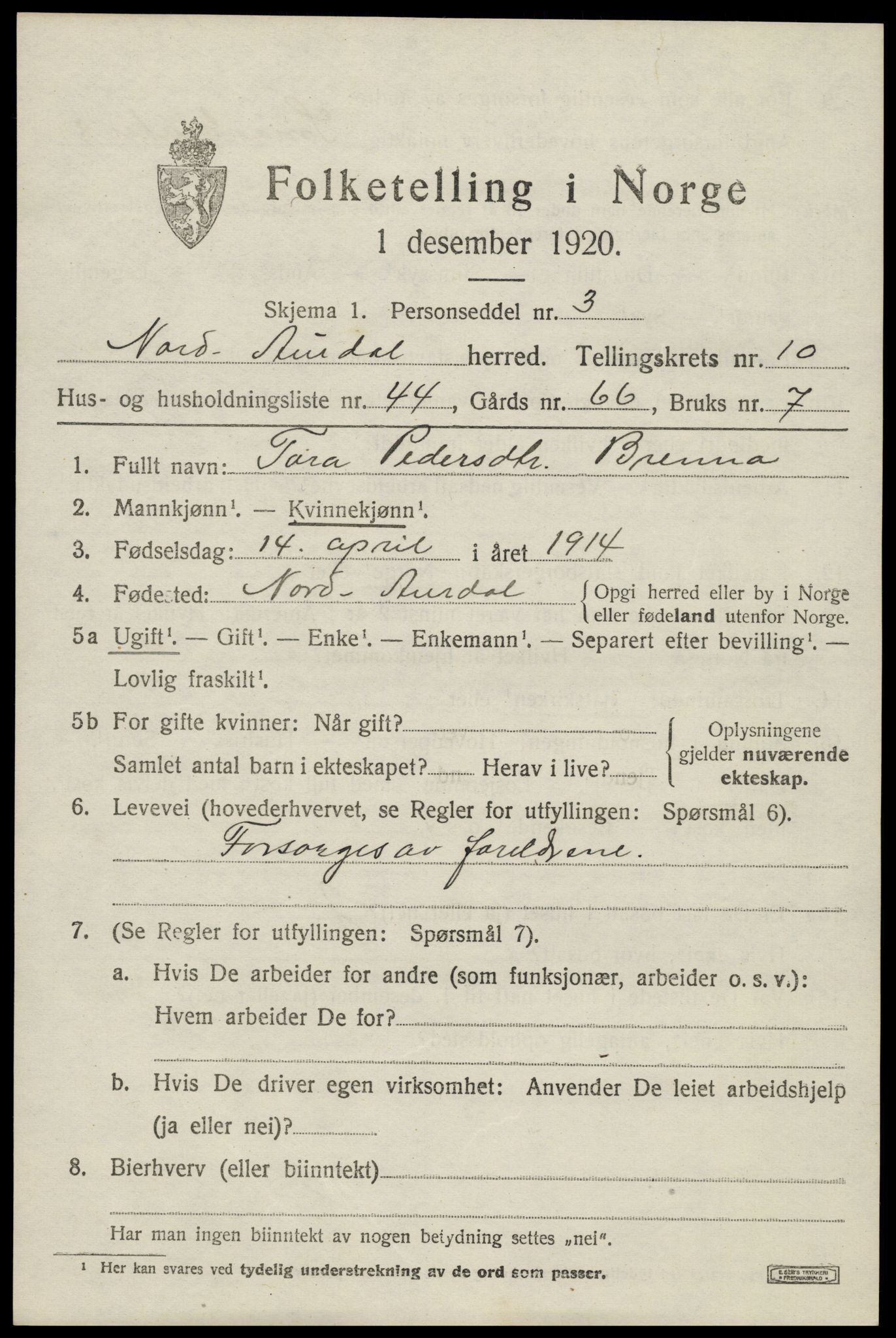 SAH, 1920 census for Nord-Aurdal, 1920, p. 8326