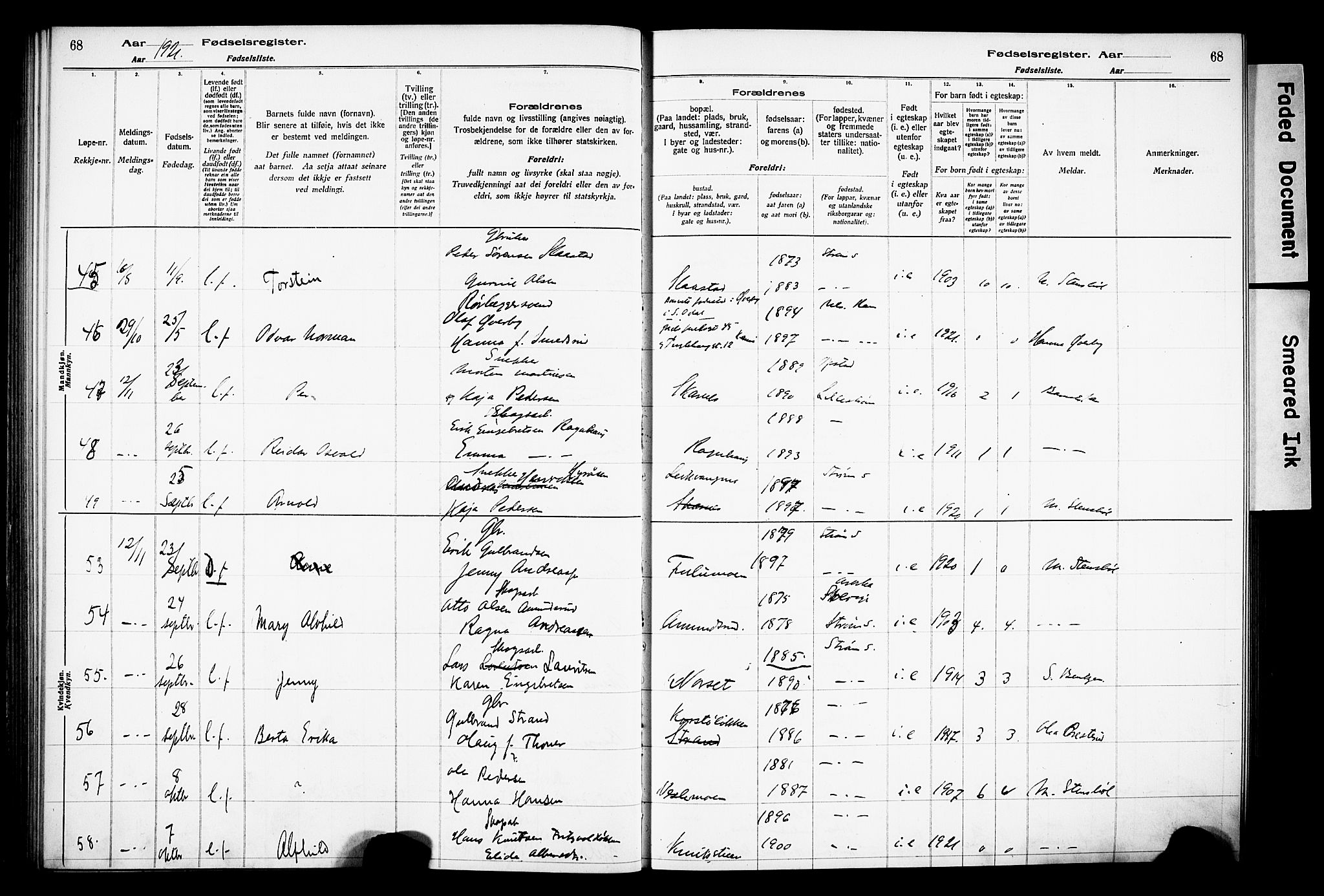 Sør-Odal prestekontor, AV/SAH-PREST-030/I/Id: Birth register no. 1, 1916-1931, p. 68