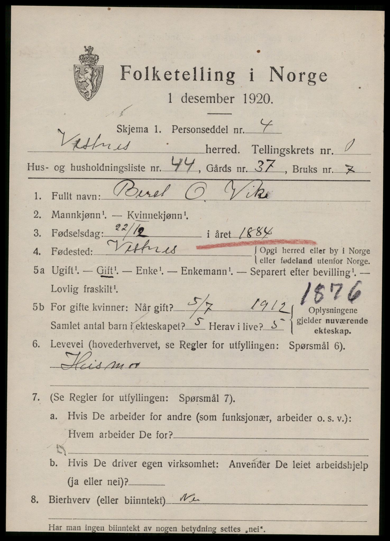 SAT, 1920 census for Vestnes, 1920, p. 1753