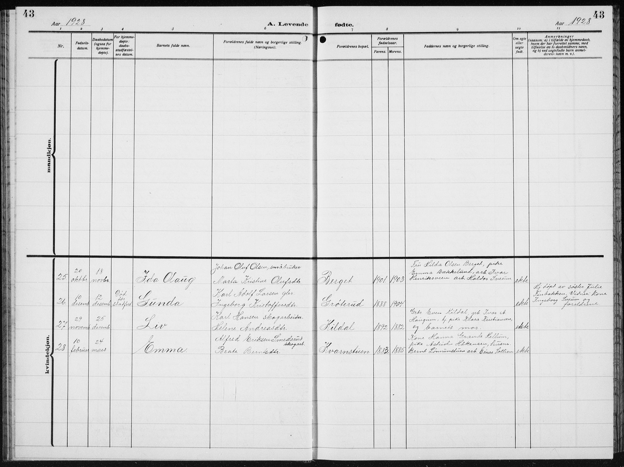 Biri prestekontor, SAH/PREST-096/H/Ha/Hab/L0007: Parish register (copy) no. 7, 1919-1941, p. 43
