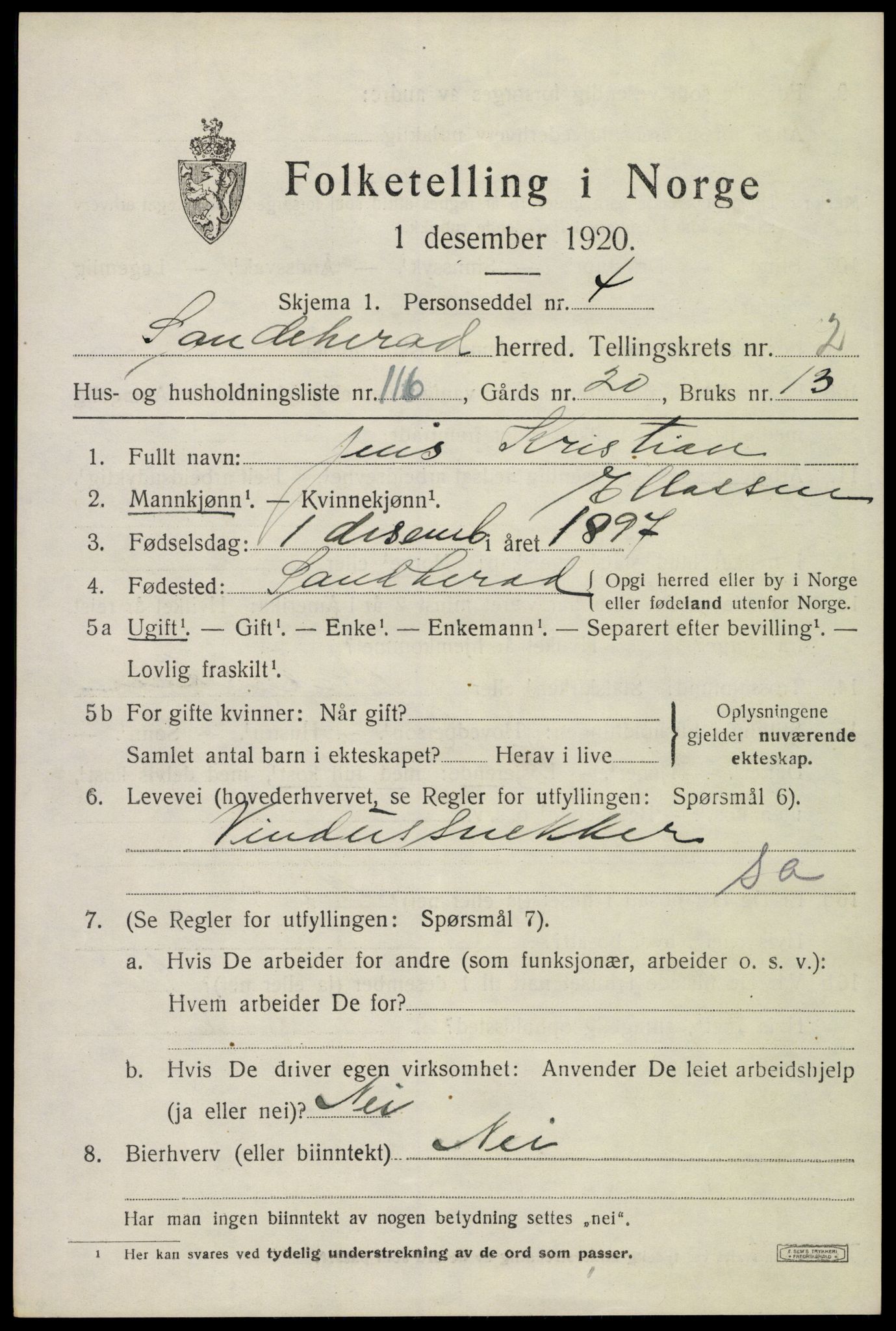 SAKO, 1920 census for Sandeherred, 1920, p. 5230