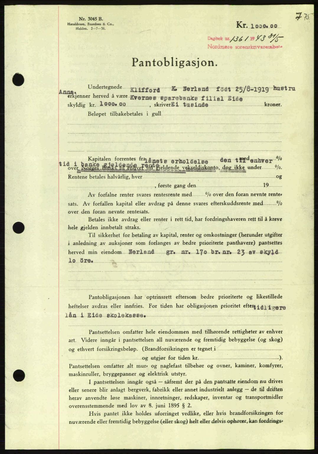 Nordmøre sorenskriveri, AV/SAT-A-4132/1/2/2Ca: Mortgage book no. B90, 1942-1943, Diary no: : 1361/1943