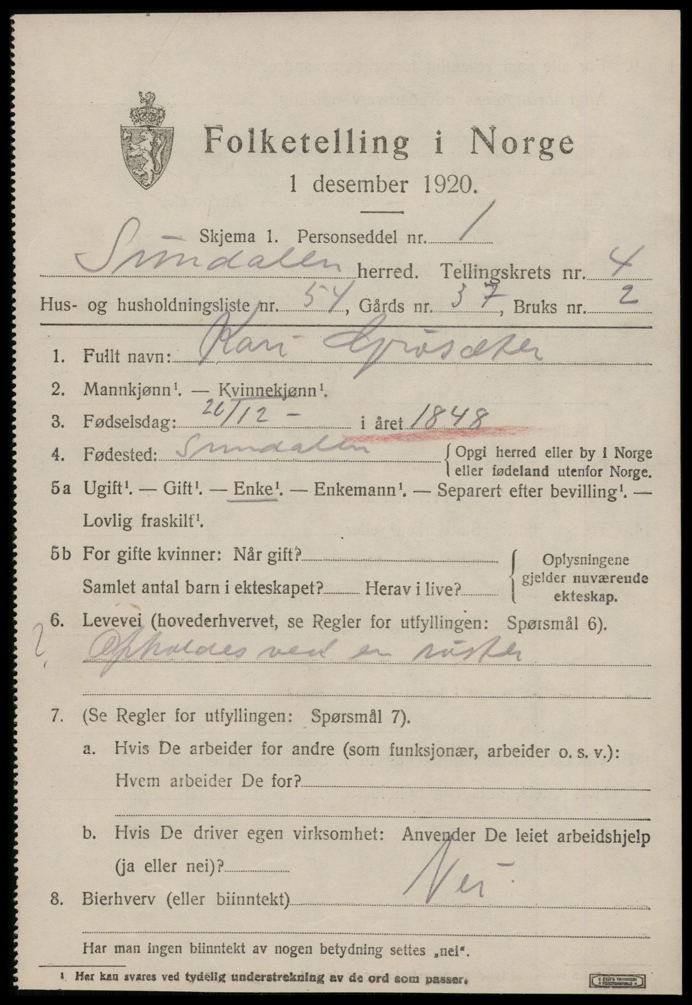 SAT, 1920 census for Sunndal, 1920, p. 3092