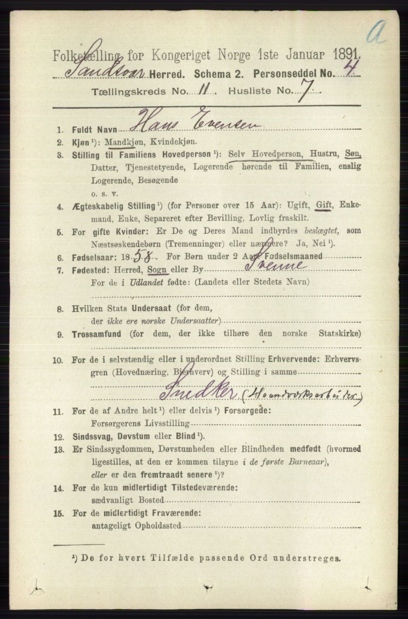 RA, 1891 census for 0629 Sandsvær, 1891, p. 5516