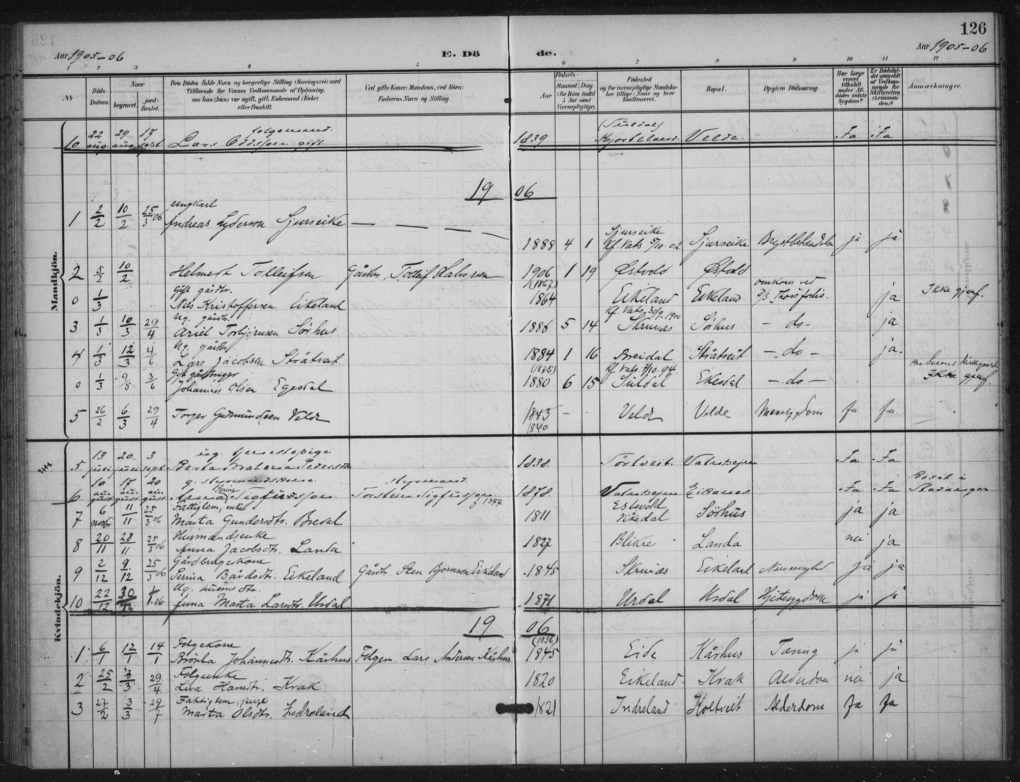 Skjold sokneprestkontor, AV/SAST-A-101847/H/Ha/Haa/L0012: Parish register (official) no. A 12, 1899-1915, p. 126