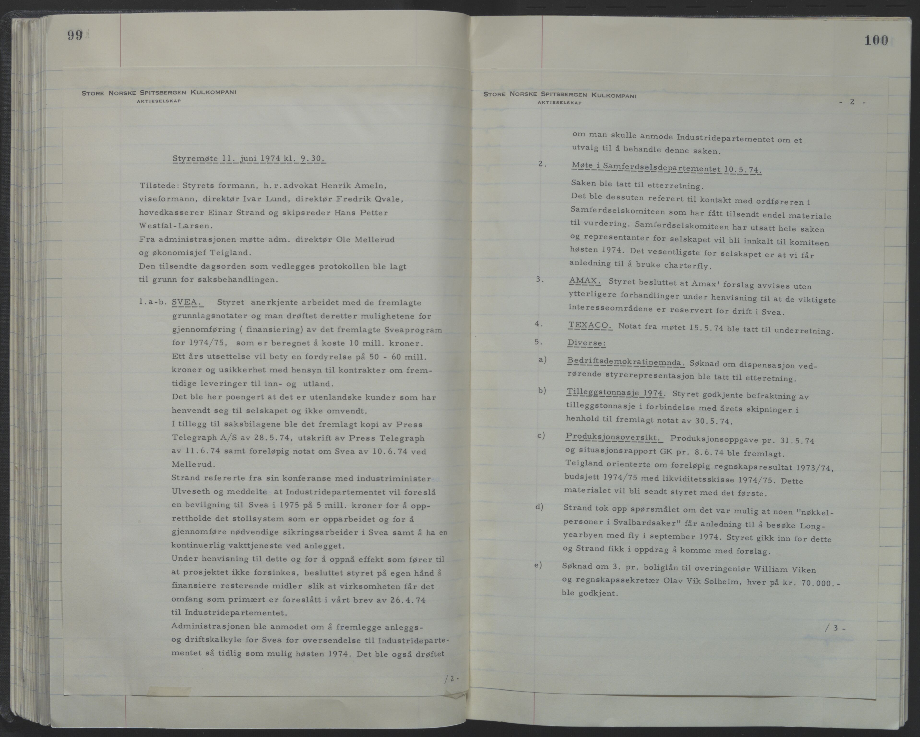 Store Norske Spitsbergen Kulkompani A/S, AV/SATØ-P-0073/09/A/Ab/Aba/L0001: Styreprotokoll 6, 1970-1979, p. 99-100