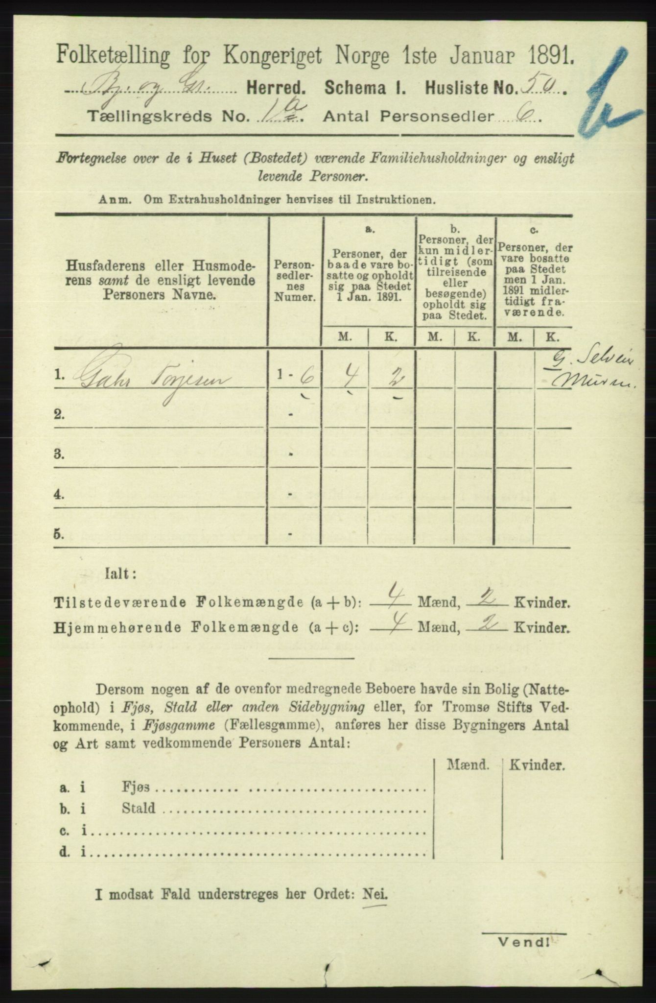 RA, 1891 census for 1024 Bjelland og Grindheim, 1891, p. 764