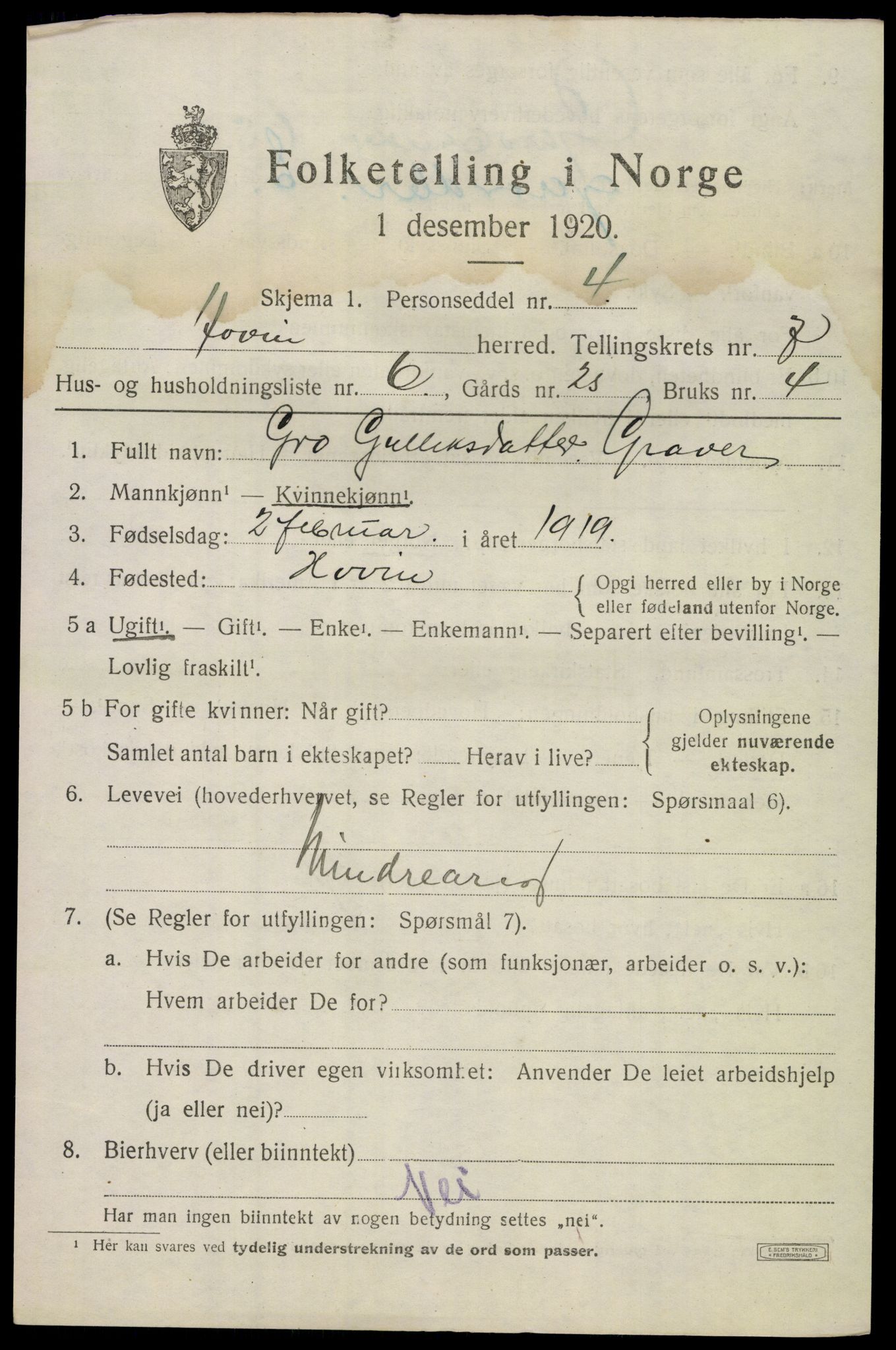 SAKO, 1920 census for Hovin, 1920, p. 1755