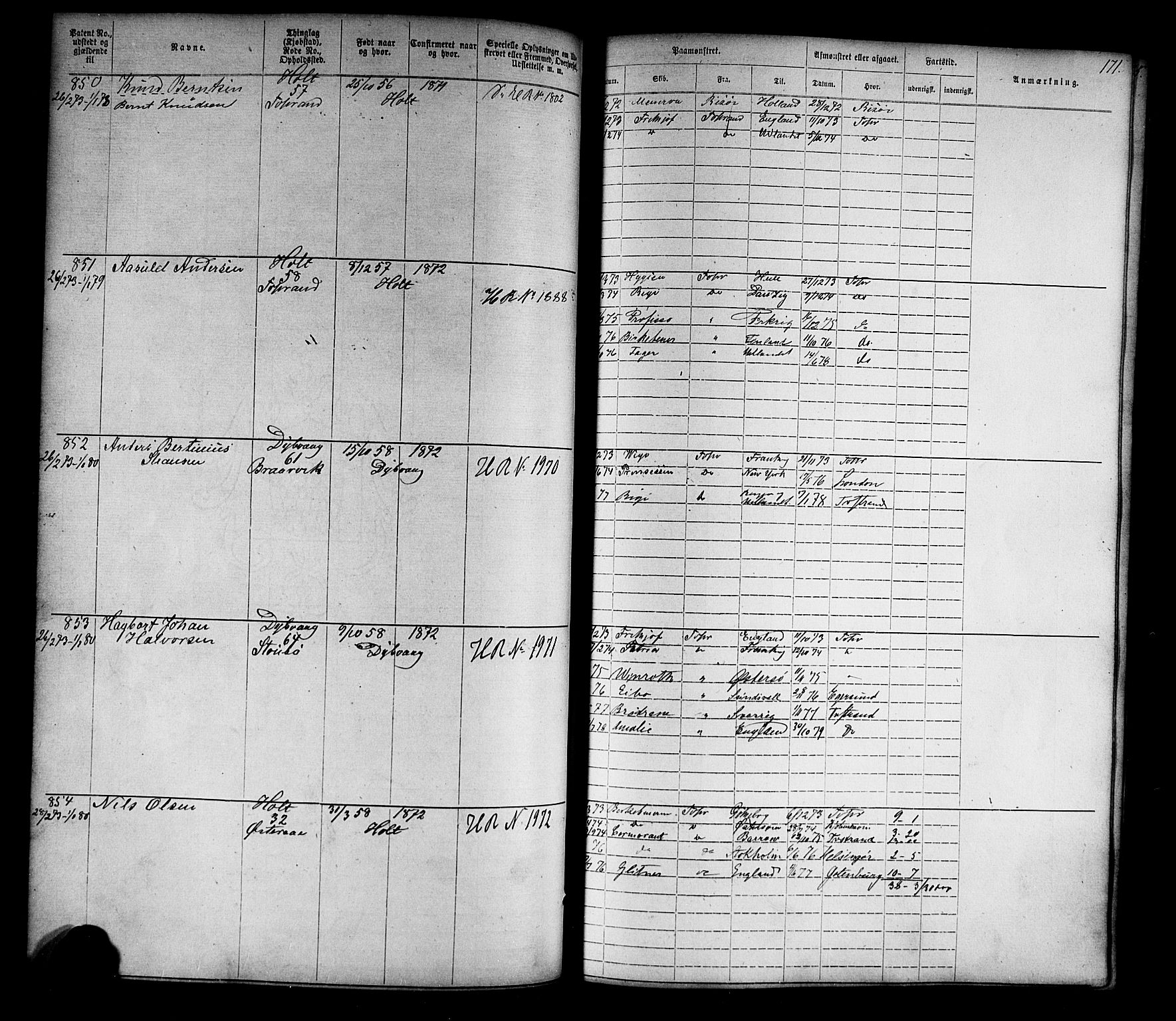 Tvedestrand mønstringskrets, SAK/2031-0011/F/Fa/L0003: Annotasjonsrulle nr 1-1905 med register, U-25, 1866-1886, p. 193