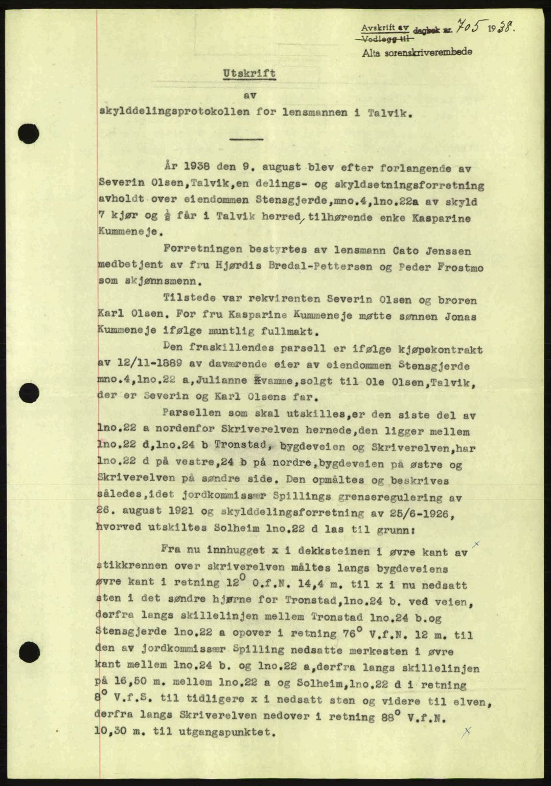 Alta fogderi/sorenskriveri, SATØ/SATØ-5/1/K/Kd/L0031pantebok: Mortgage book no. 31, 1938-1939, Diary no: : 705/1938