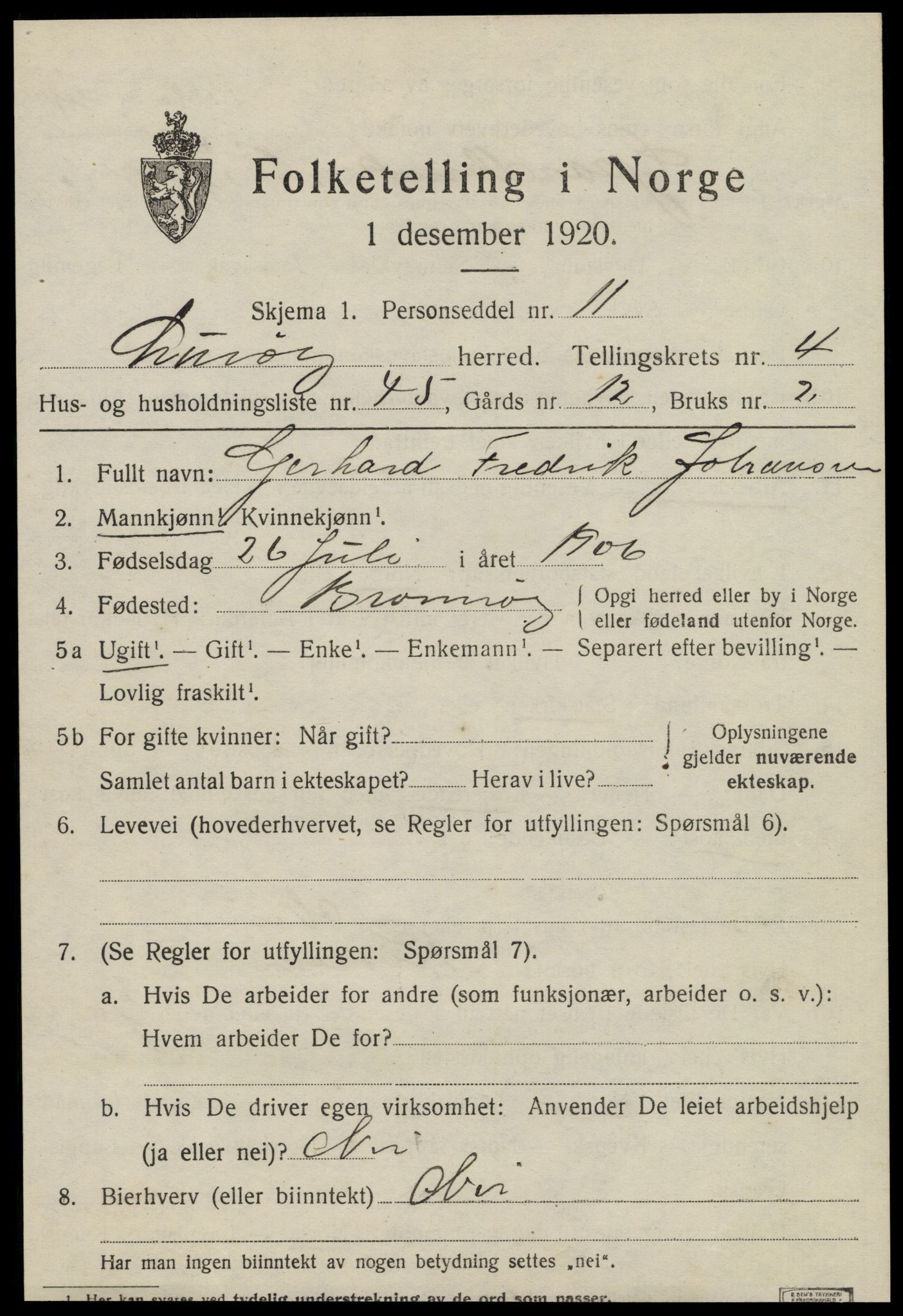 SAT, 1920 census for Lurøy, 1920, p. 2607