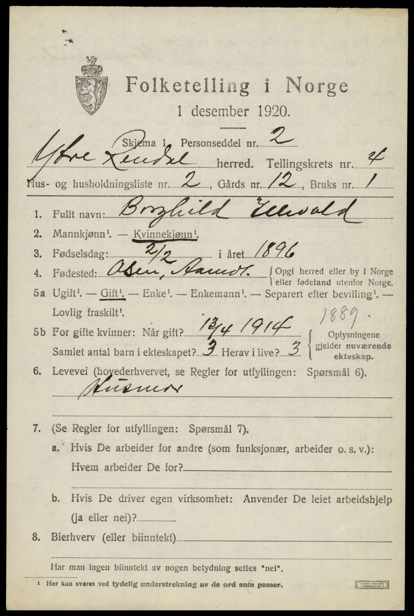 SAH, 1920 census for Ytre Rendal, 1920, p. 2071