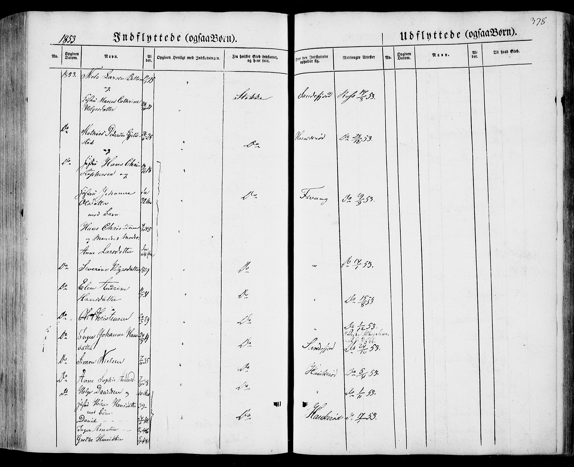 Sandar kirkebøker, SAKO/A-243/F/Fa/L0006: Parish register (official) no. 6, 1847-1860, p. 378