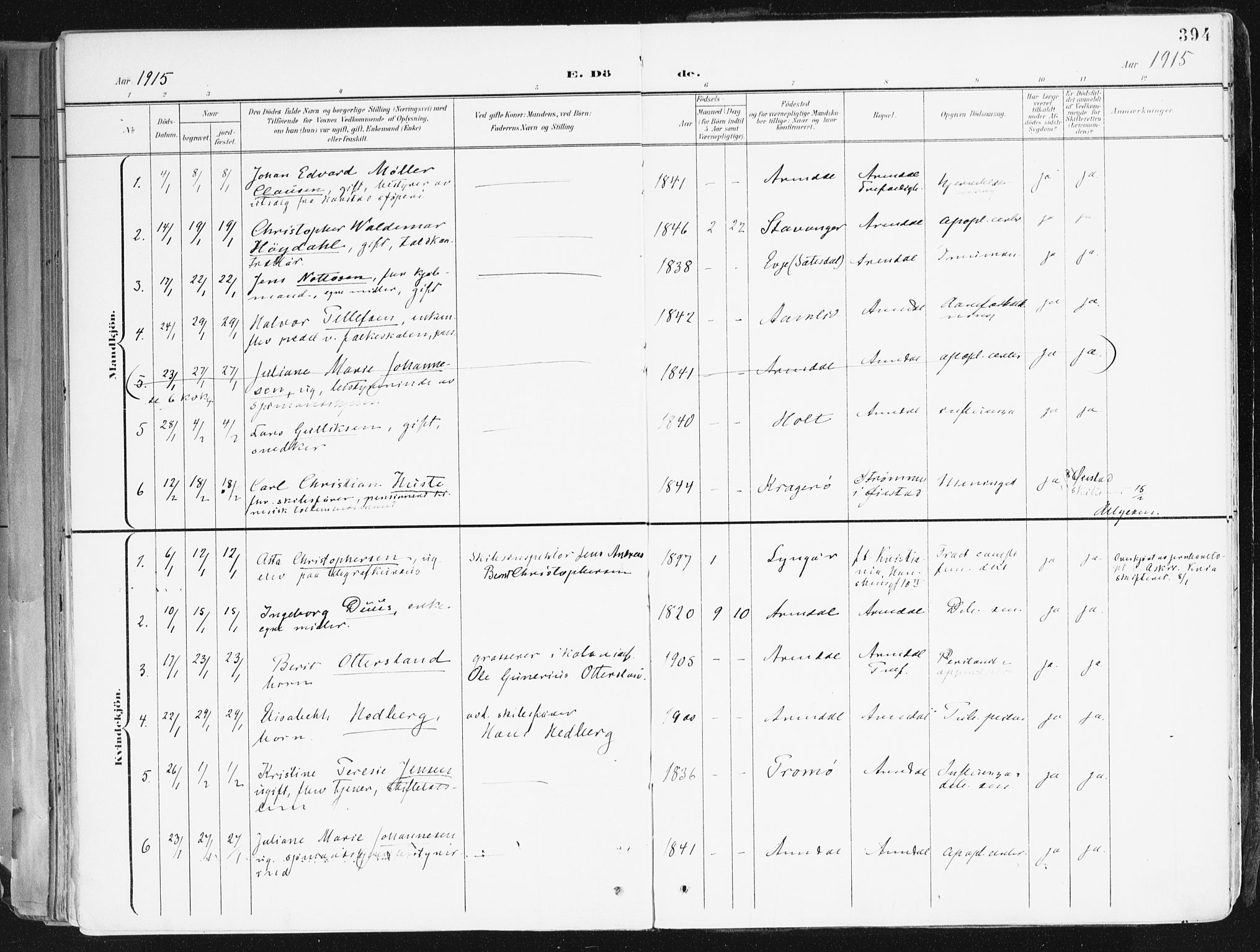 Arendal sokneprestkontor, Trefoldighet, SAK/1111-0040/F/Fa/L0010: Parish register (official) no. A 10, 1900-1919, p. 394