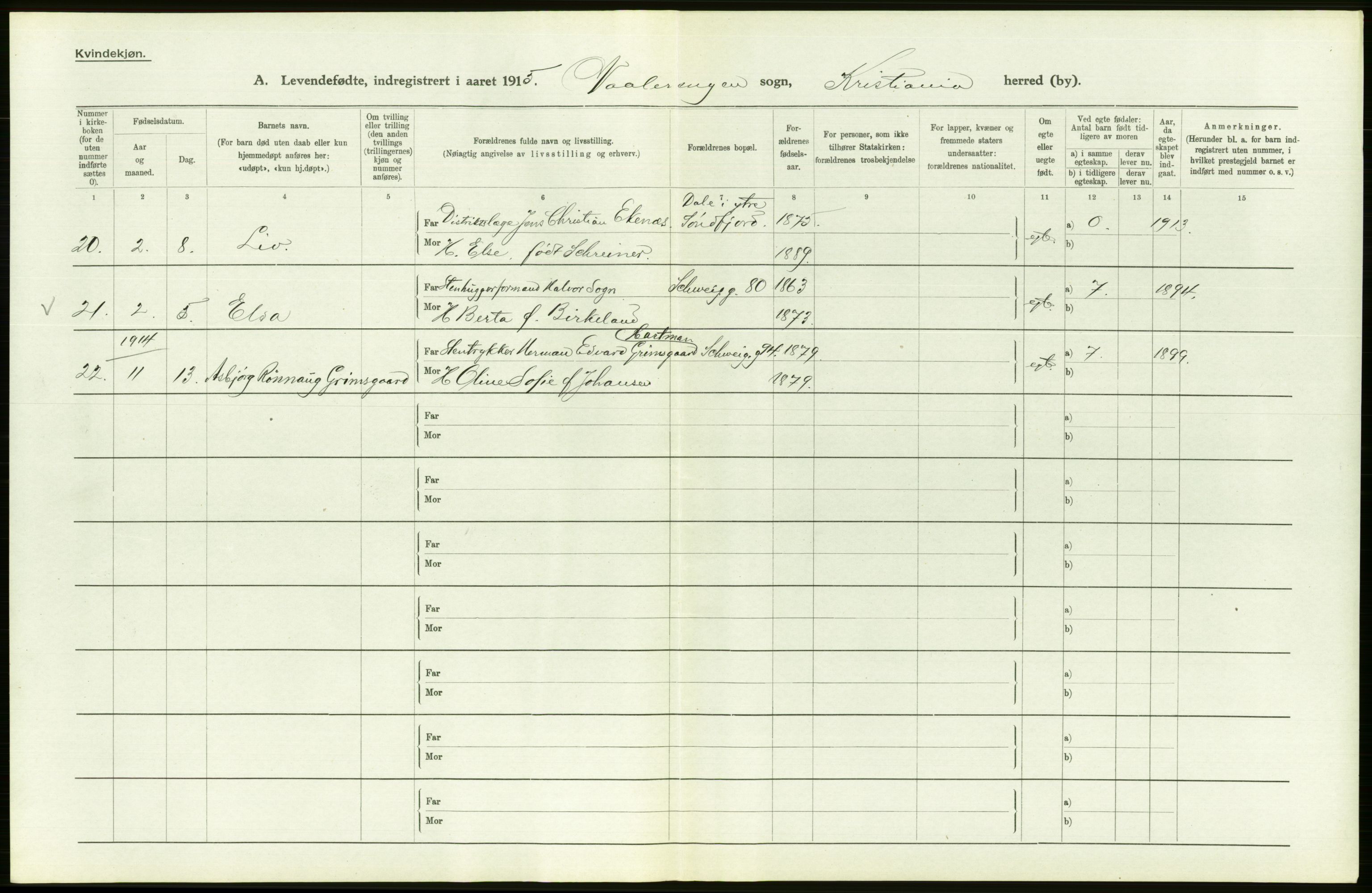 Statistisk sentralbyrå, Sosiodemografiske emner, Befolkning, RA/S-2228/D/Df/Dfb/Dfbe/L0006: Kristiania: Levendefødte menn og kvinner., 1915, p. 396