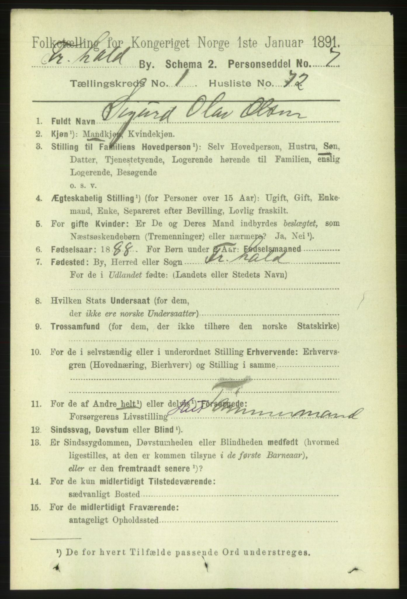 RA, 1891 census for 0101 Fredrikshald, 1891, p. 2640