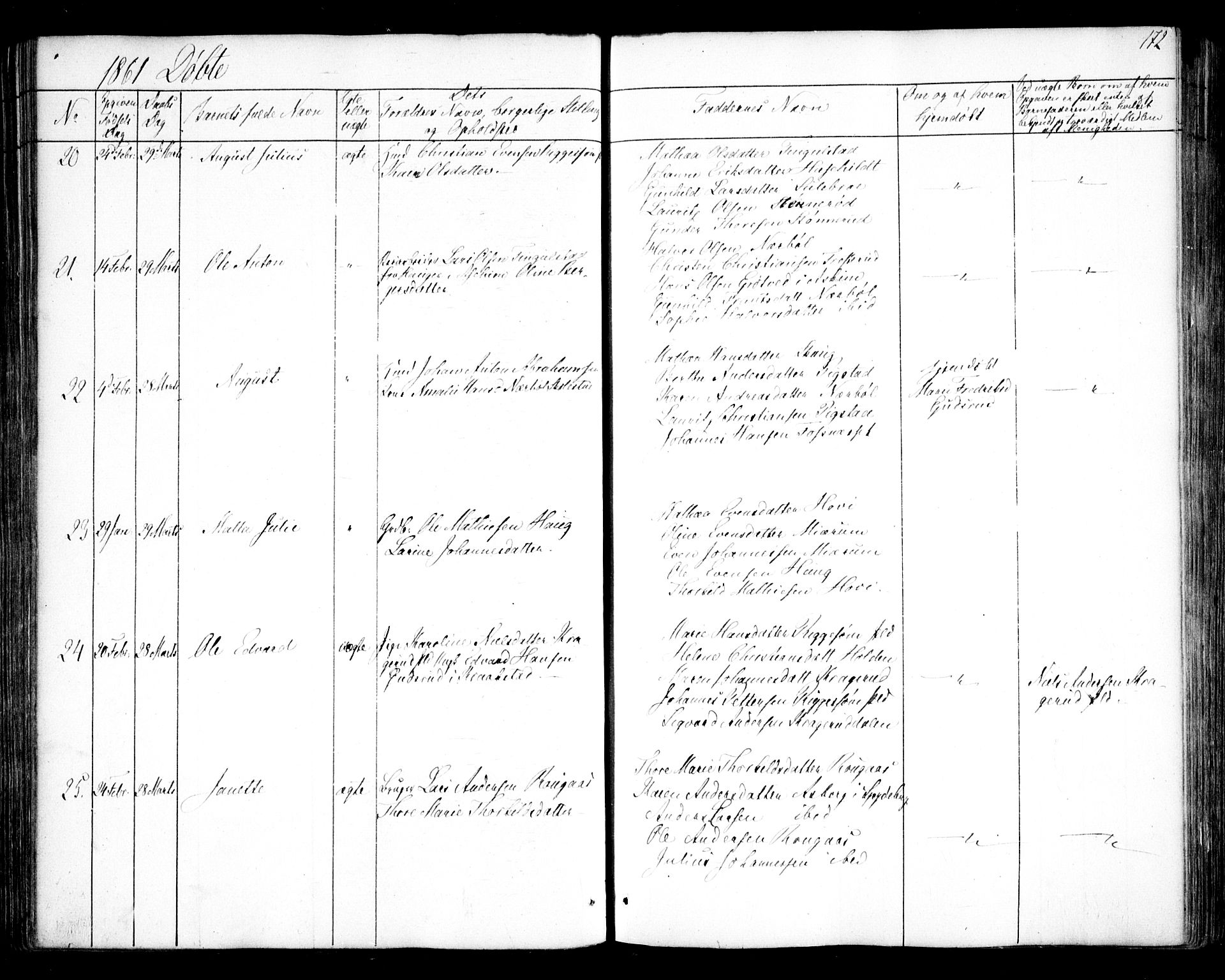 Hobøl prestekontor Kirkebøker, AV/SAO-A-2002/F/Fa/L0003: Parish register (official) no. I 3, 1842-1864, p. 172