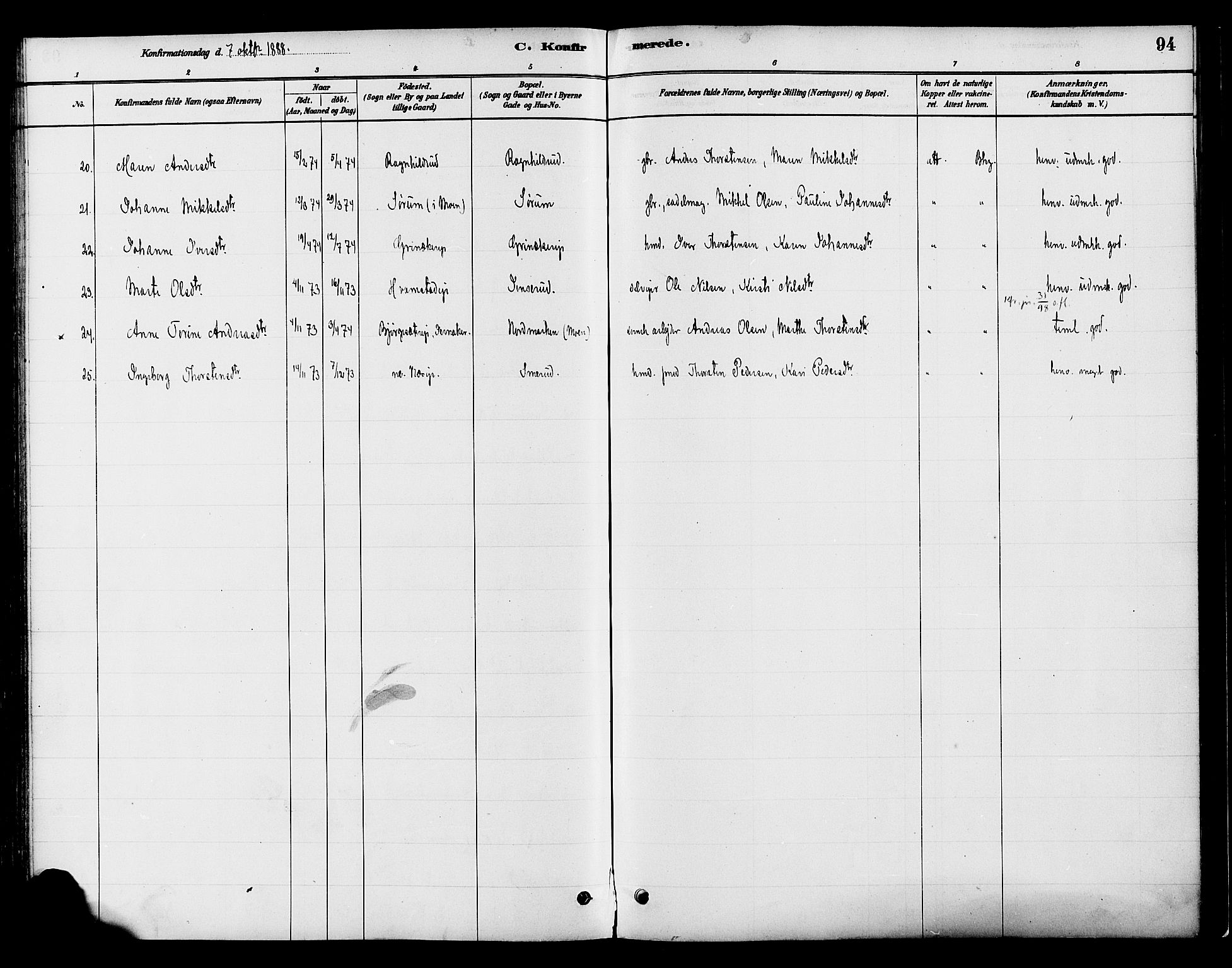 Gran prestekontor, AV/SAH-PREST-112/H/Ha/Haa/L0016: Parish register (official) no. 16, 1880-1888, p. 94