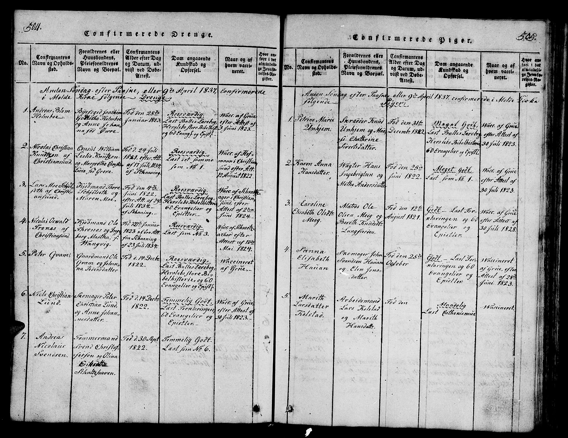 Ministerialprotokoller, klokkerbøker og fødselsregistre - Møre og Romsdal, AV/SAT-A-1454/558/L0700: Parish register (copy) no. 558C01, 1818-1868, p. 504-505