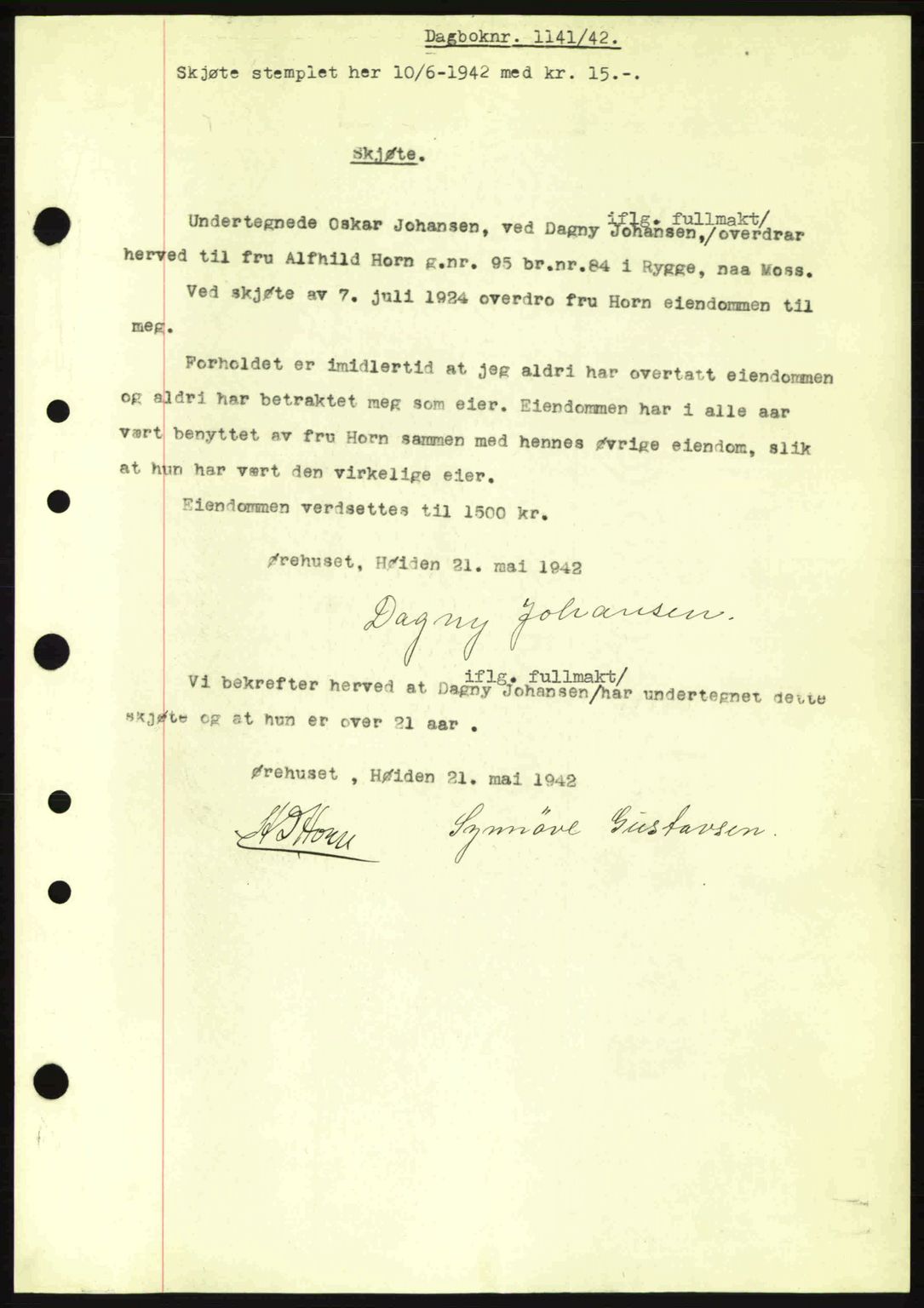 Moss sorenskriveri, SAO/A-10168: Mortgage book no. A9, 1941-1942, Diary no: : 1141/1942