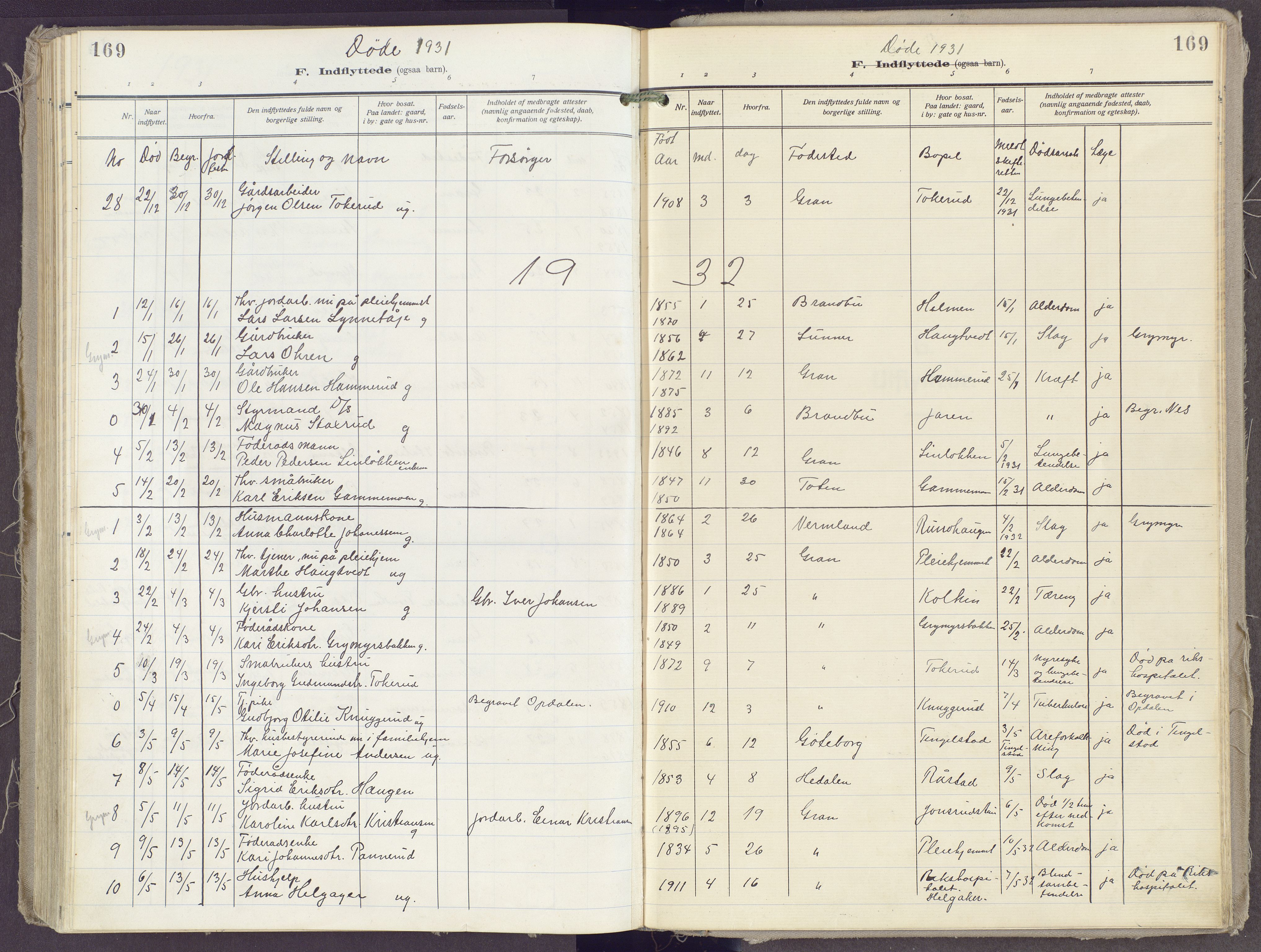 Gran prestekontor, SAH/PREST-112/H/Ha/Haa/L0023: Parish register (official) no. 23, 1919-1938, p. 169