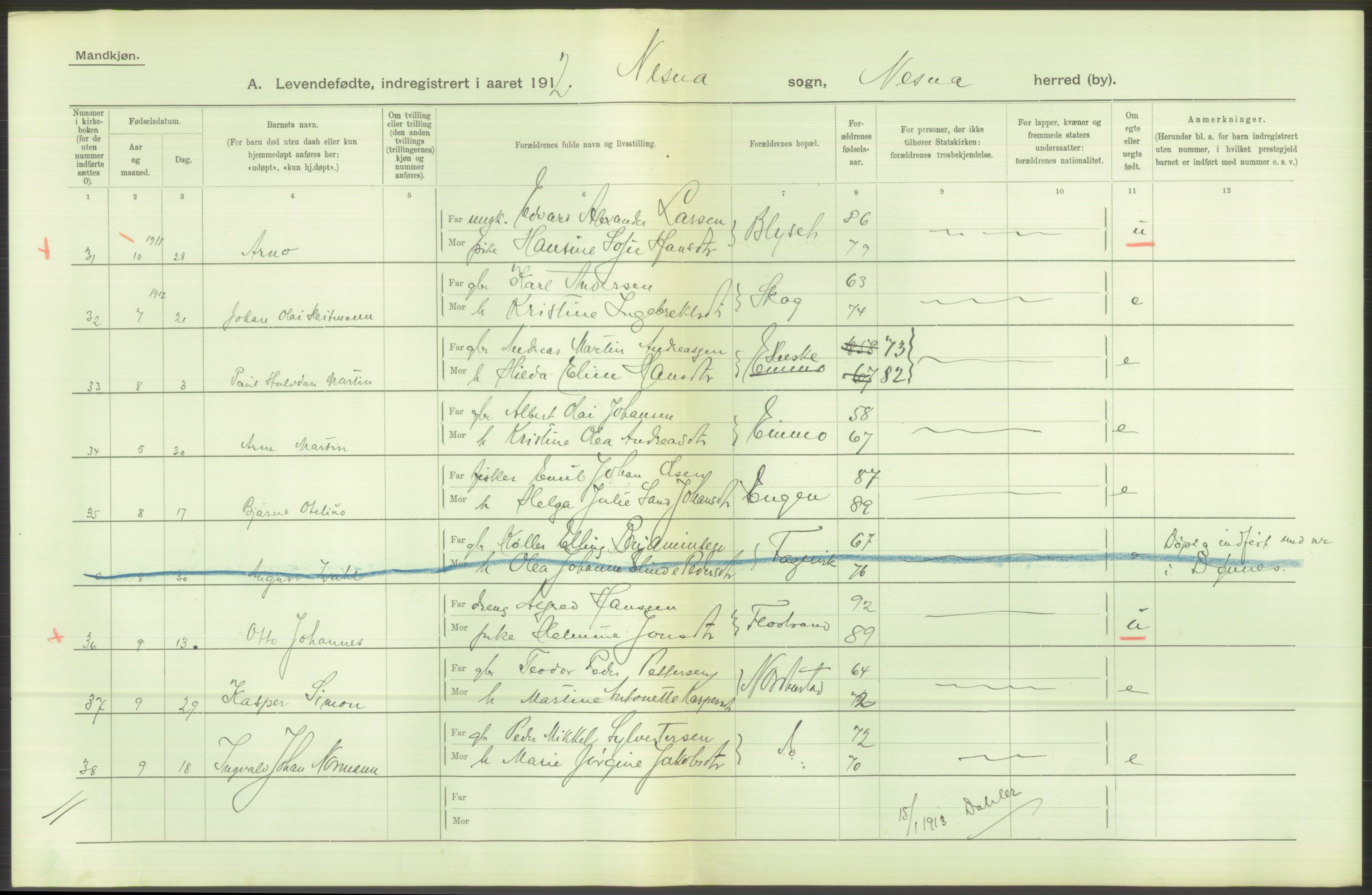 Statistisk sentralbyrå, Sosiodemografiske emner, Befolkning, AV/RA-S-2228/D/Df/Dfb/Dfbb/L0046: Nordlands amt: Levendefødte menn og kvinner. Bygder., 1912, p. 92