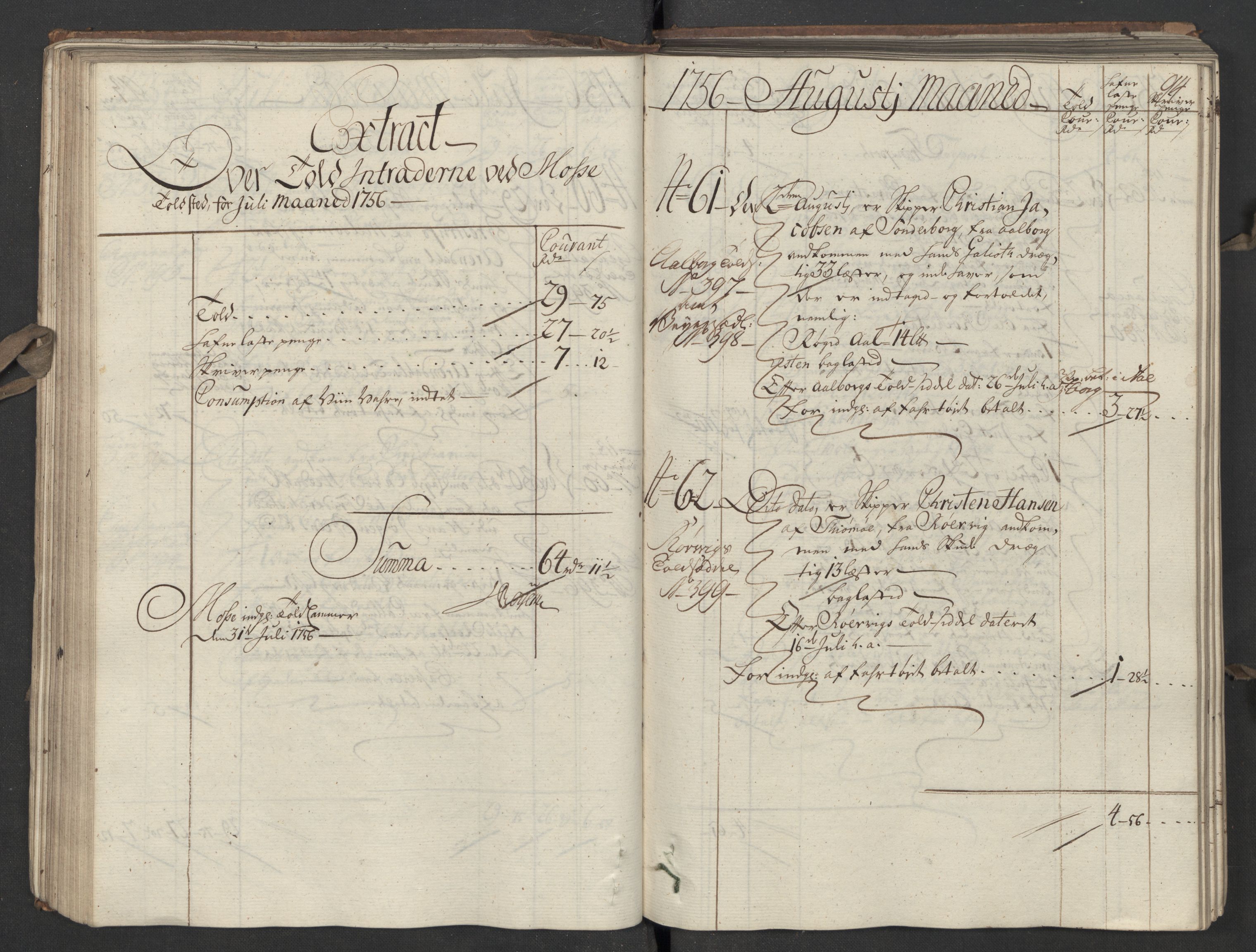 Generaltollkammeret, tollregnskaper, AV/RA-EA-5490/R05/L0026/0001: Tollregnskaper Moss, Son, Krokstad / Inngående hovedtollbok, 1756, p. 94