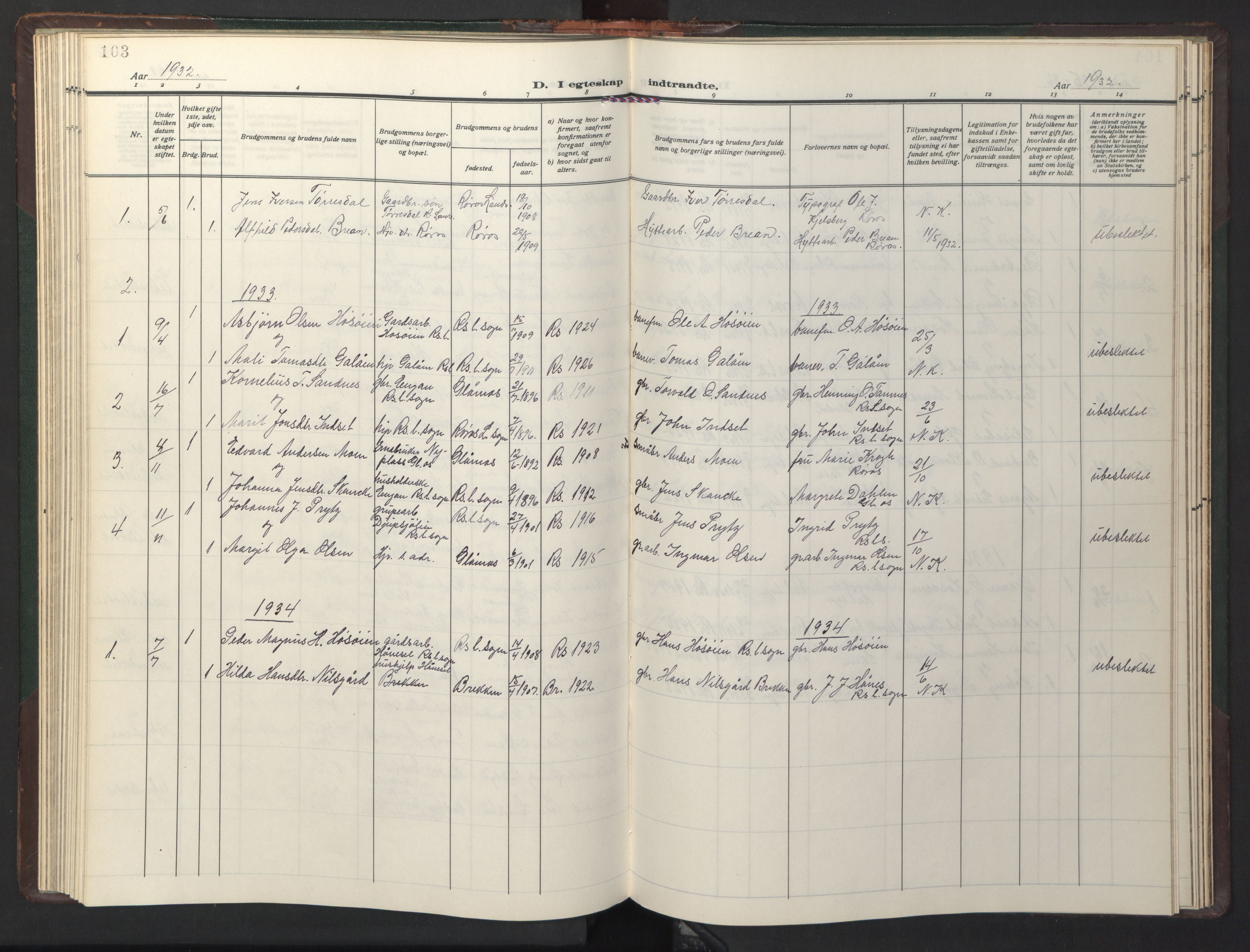 Ministerialprotokoller, klokkerbøker og fødselsregistre - Sør-Trøndelag, SAT/A-1456/681/L0944: Parish register (copy) no. 681C08, 1926-1954, p. 103