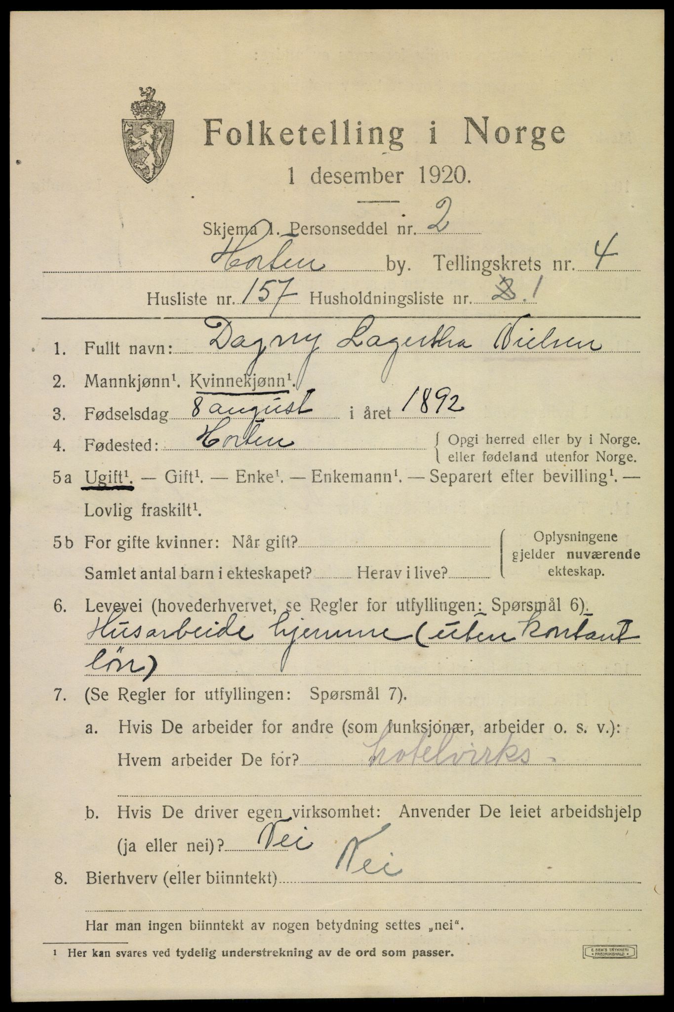 SAKO, 1920 census for Horten, 1920, p. 19299