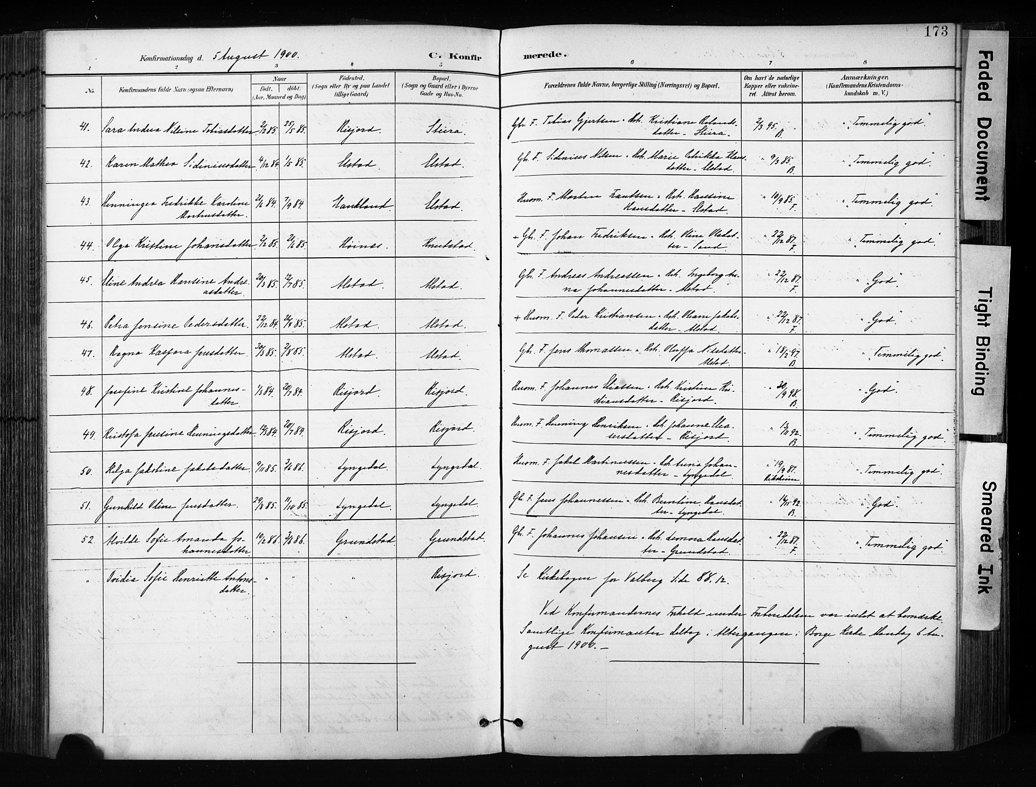 Ministerialprotokoller, klokkerbøker og fødselsregistre - Nordland, AV/SAT-A-1459/880/L1134: Parish register (official) no. 880A08, 1899-1908, p. 173