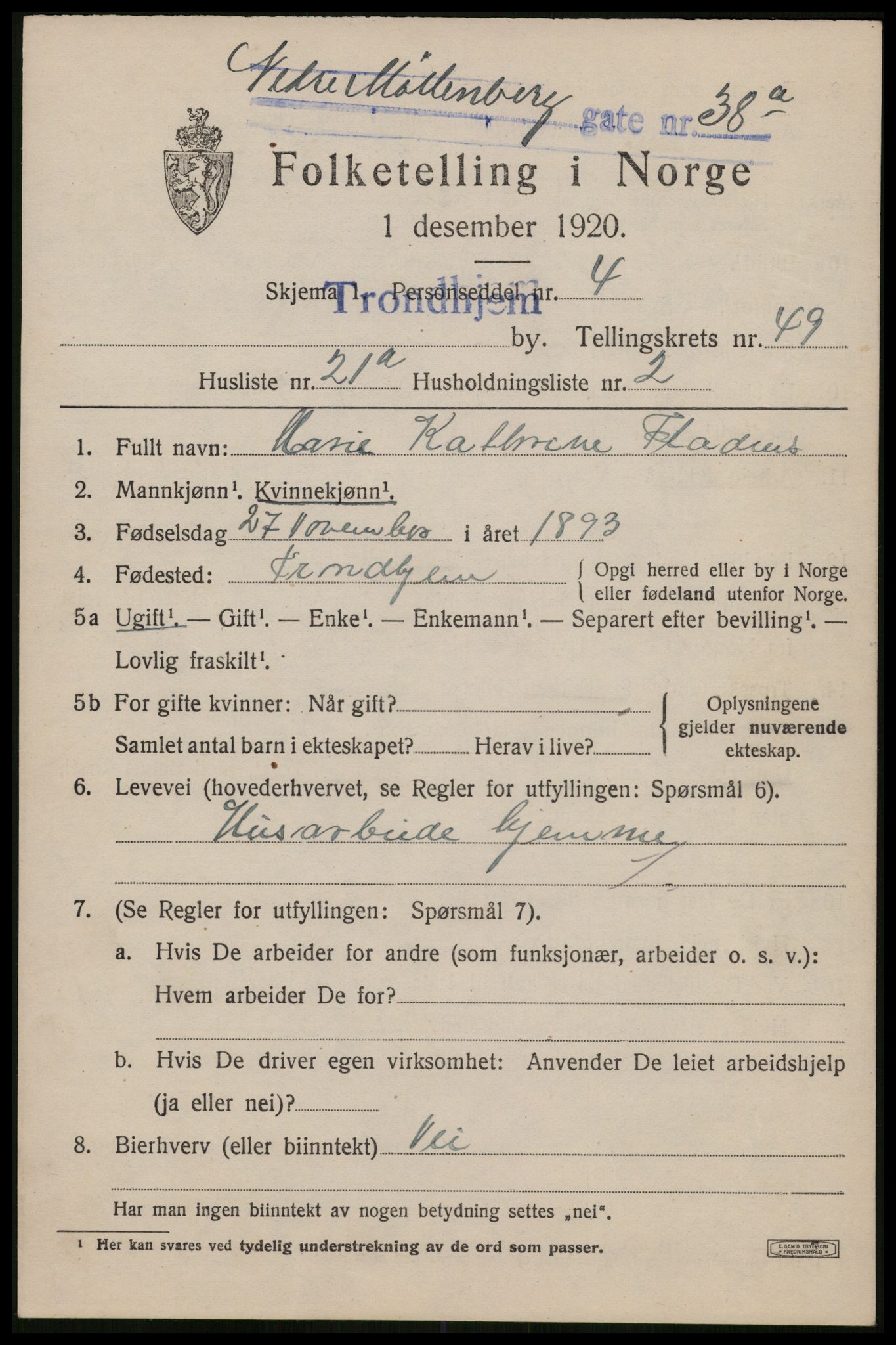 SAT, 1920 census for Trondheim, 1920, p. 103018