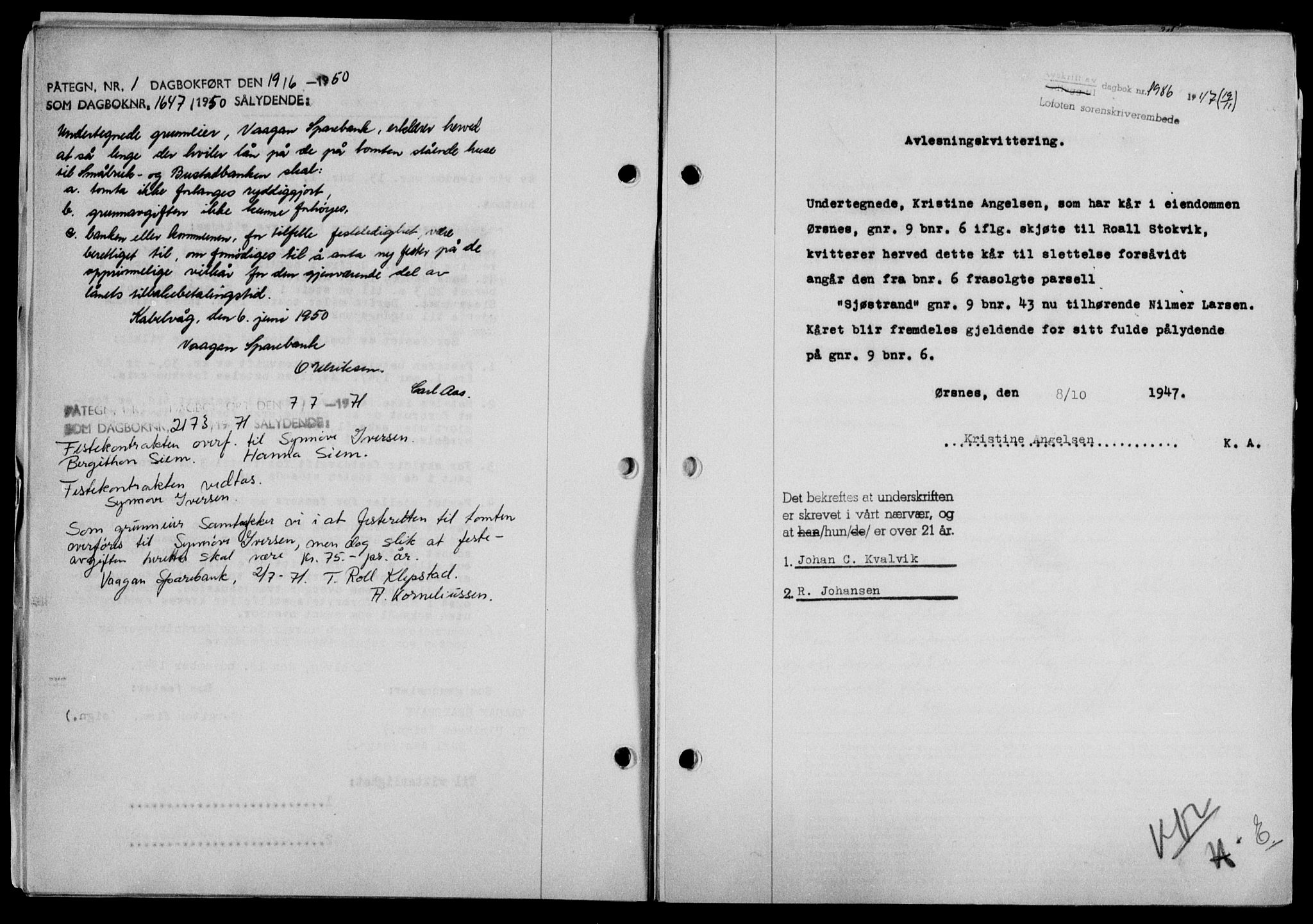 Lofoten sorenskriveri, SAT/A-0017/1/2/2C/L0017a: Mortgage book no. 17a, 1947-1948, Diary no: : 1986/1947