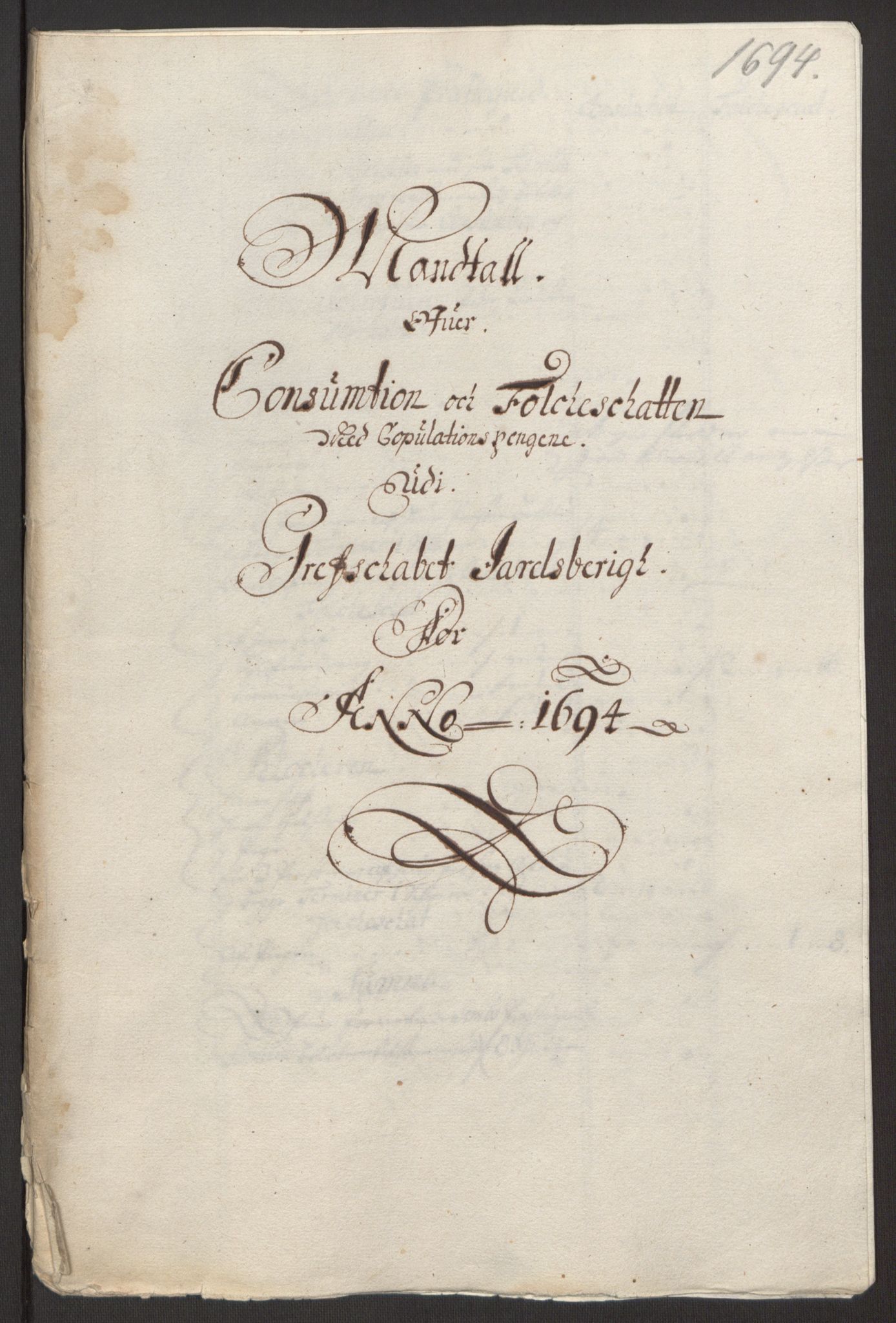 Rentekammeret inntil 1814, Reviderte regnskaper, Fogderegnskap, RA/EA-4092/R32/L1867: Fogderegnskap Jarlsberg grevskap, 1694-1696, p. 15