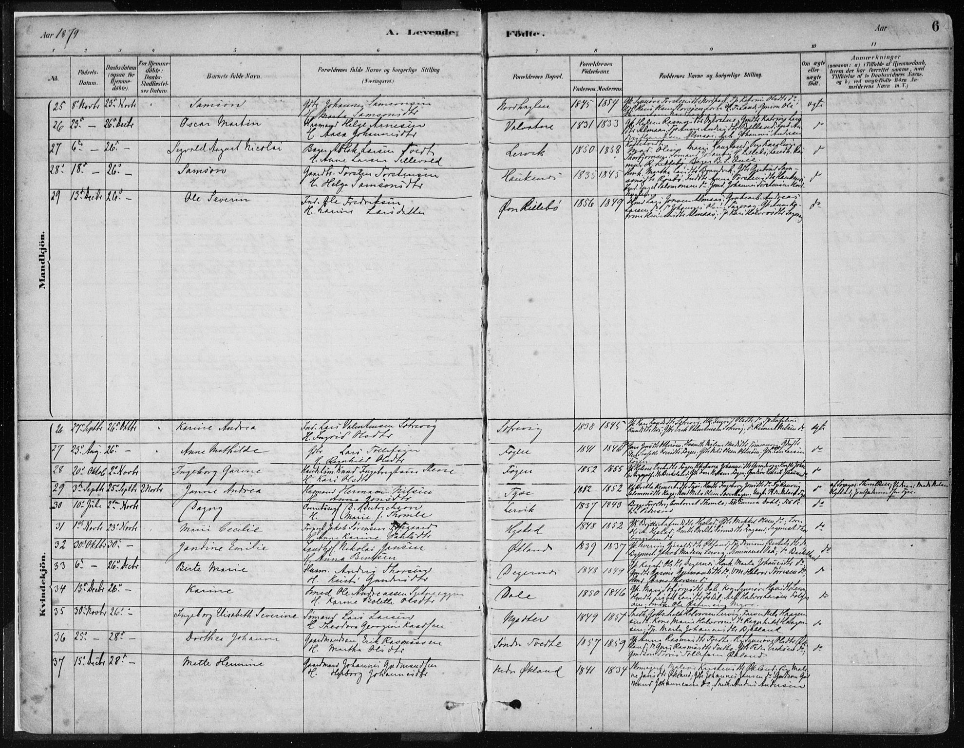 Stord sokneprestembete, AV/SAB-A-78201/H/Haa: Parish register (official) no. B 2, 1878-1913, p. 6