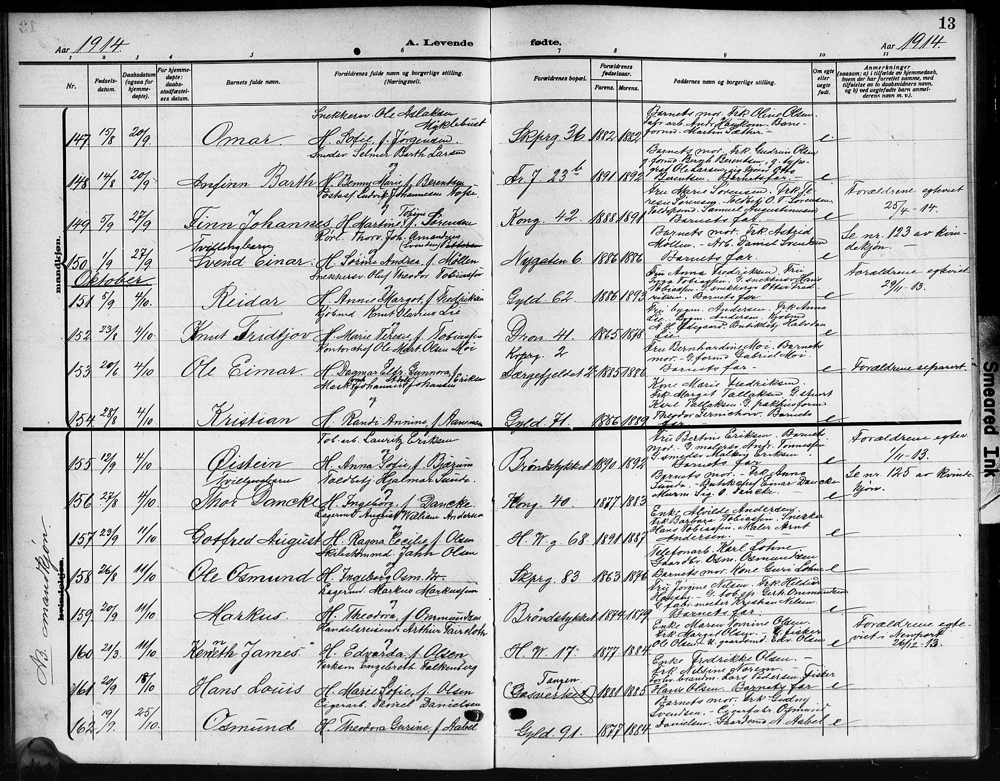 Kristiansand domprosti, SAK/1112-0006/F/Fb/L0021: Parish register (copy) no. B 21, 1914-1923, p. 13