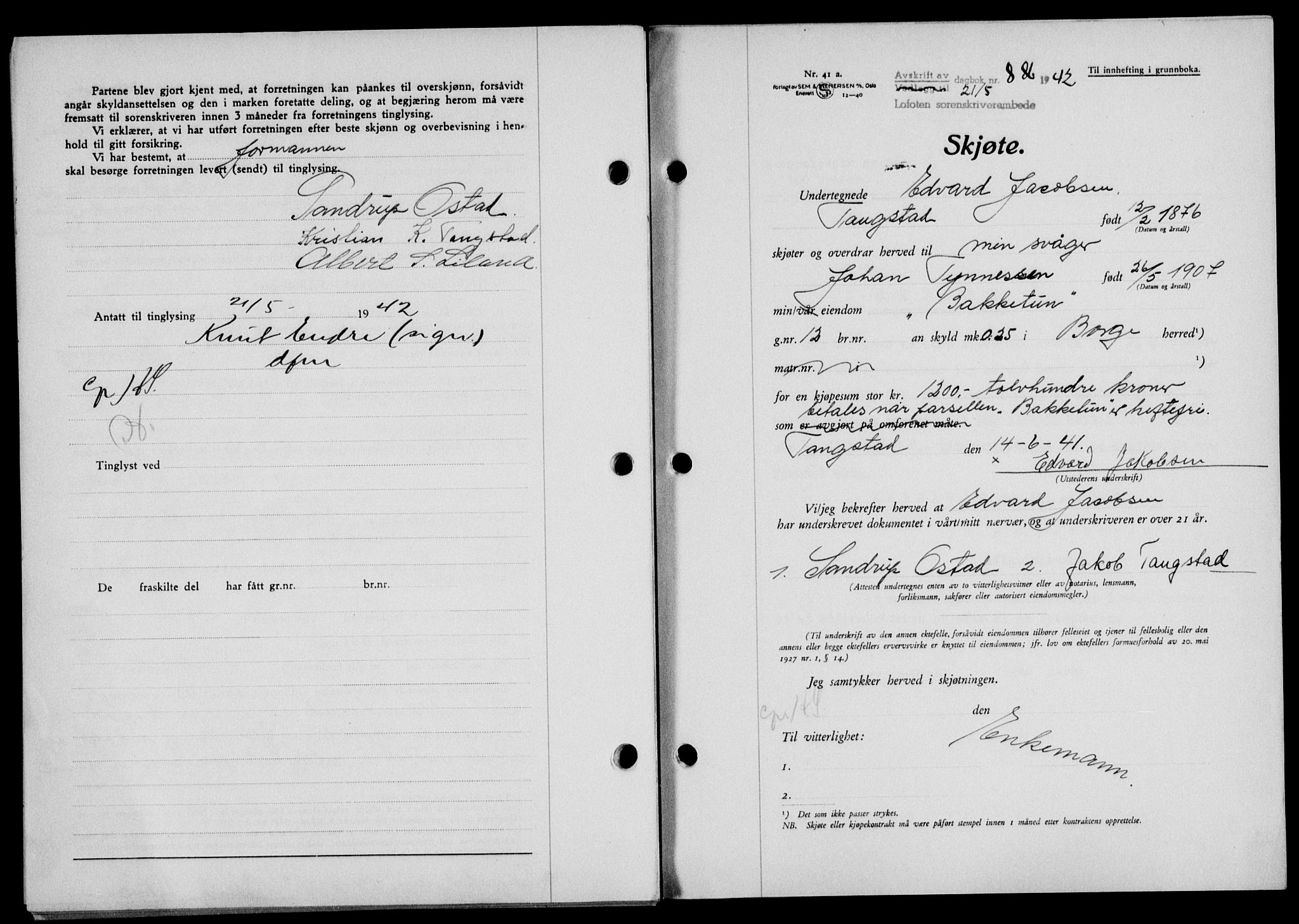 Lofoten sorenskriveri, SAT/A-0017/1/2/2C/L0009a: Mortgage book no. 9a, 1941-1942, Diary no: : 886/1942
