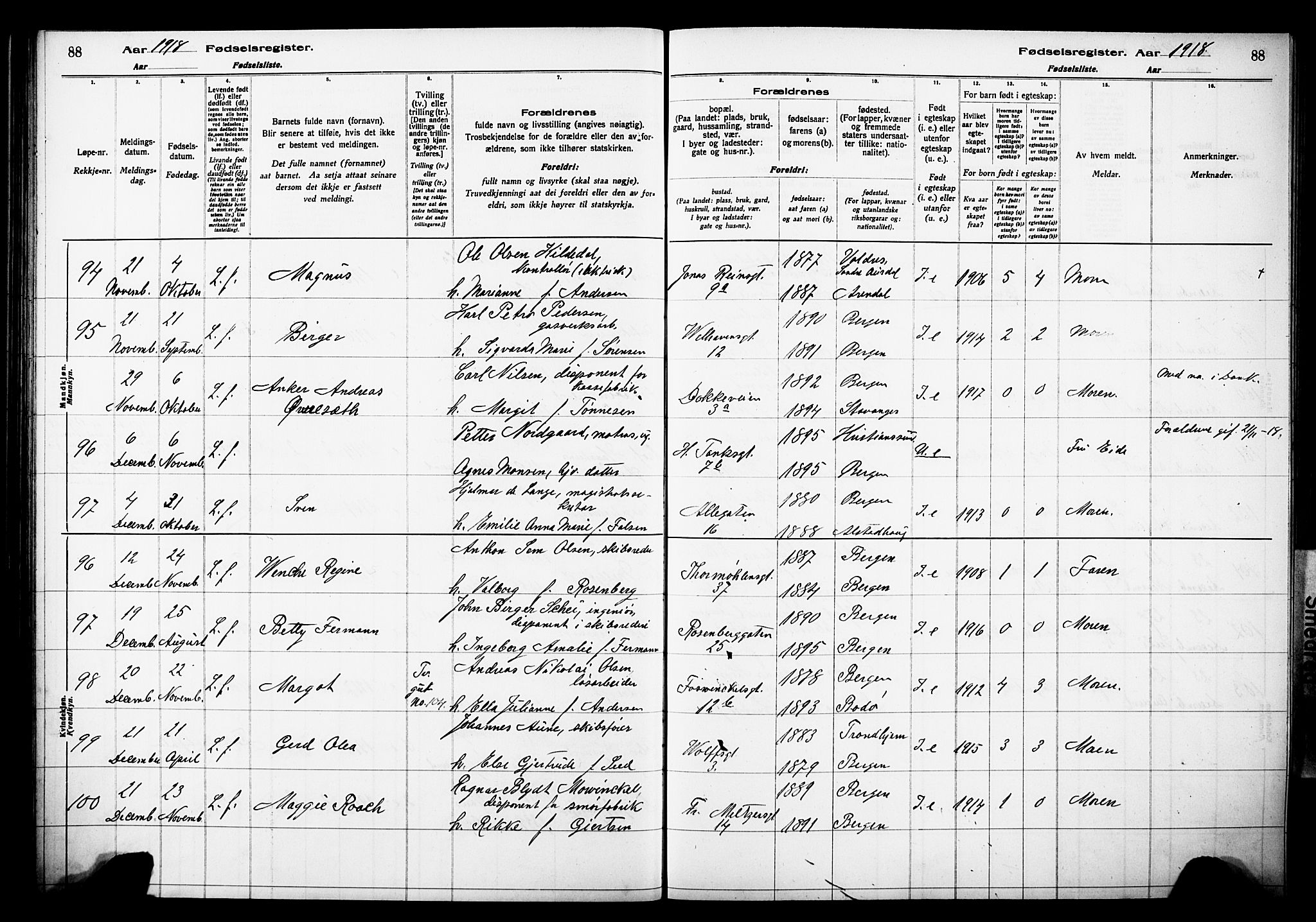 Johanneskirken sokneprestembete, AV/SAB-A-76001/I/Id/L00A1: Birth register no. A 1, 1916-1924, p. 88