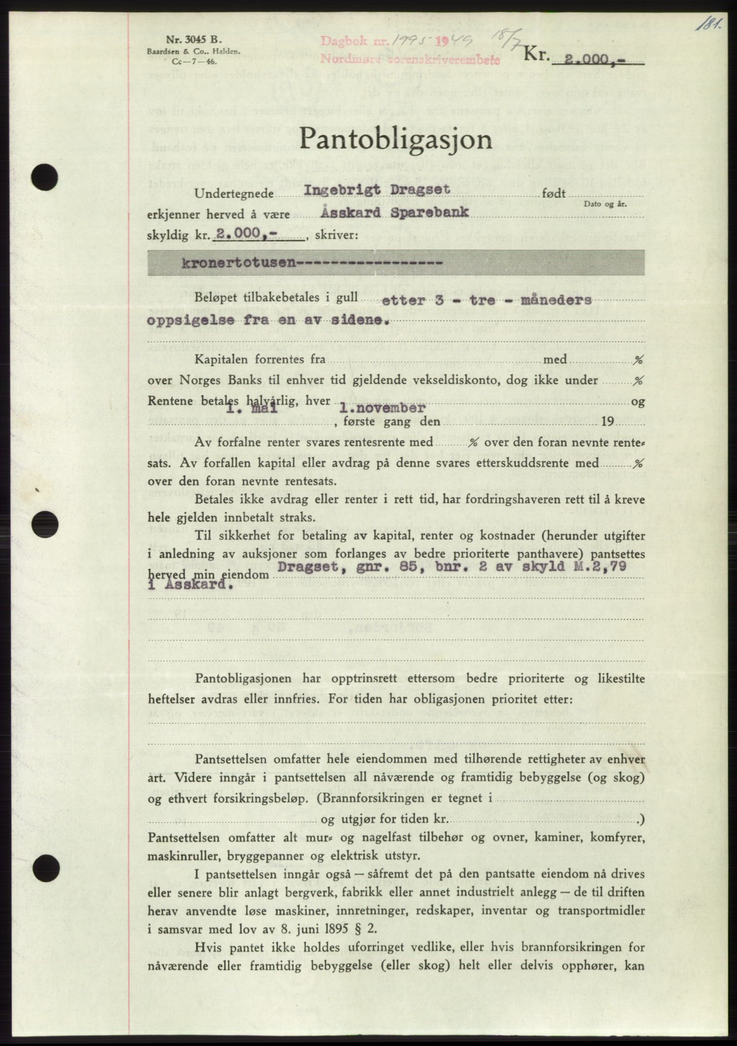 Nordmøre sorenskriveri, AV/SAT-A-4132/1/2/2Ca: Mortgage book no. B102, 1949-1949, Diary no: : 1995/1949