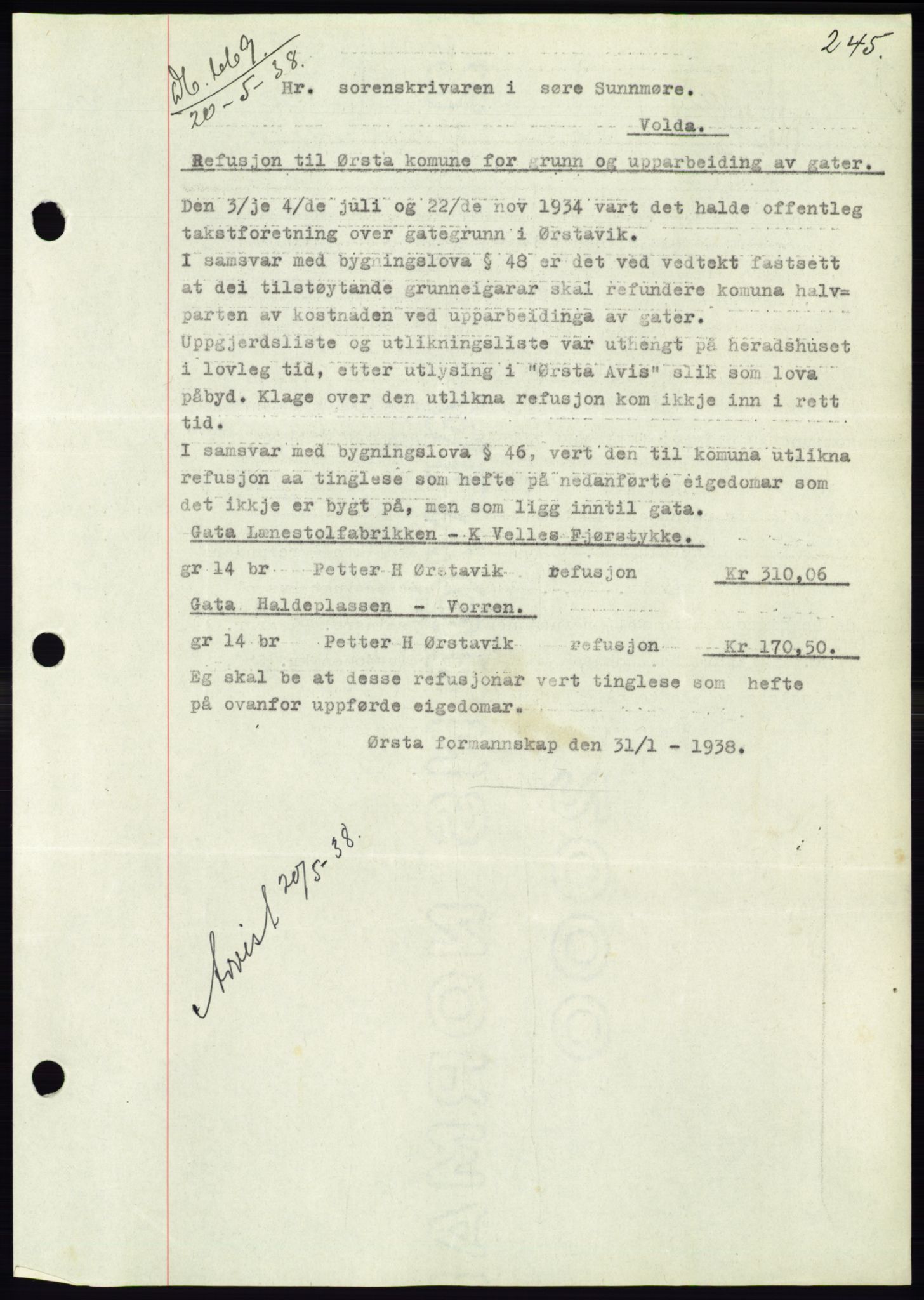 Søre Sunnmøre sorenskriveri, AV/SAT-A-4122/1/2/2C/L0065: Mortgage book no. 59, 1938-1938, Diary no: : 669/1938