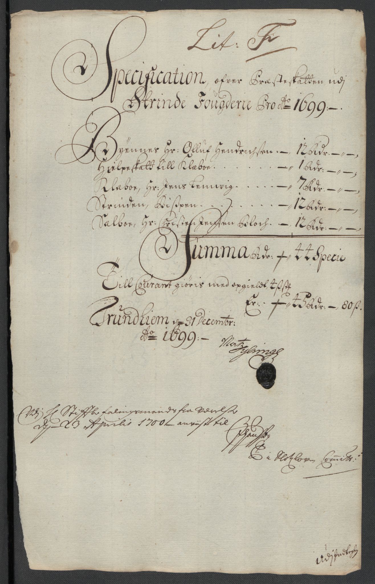 Rentekammeret inntil 1814, Reviderte regnskaper, Fogderegnskap, AV/RA-EA-4092/R61/L4107: Fogderegnskap Strinda og Selbu, 1698-1700, p. 250