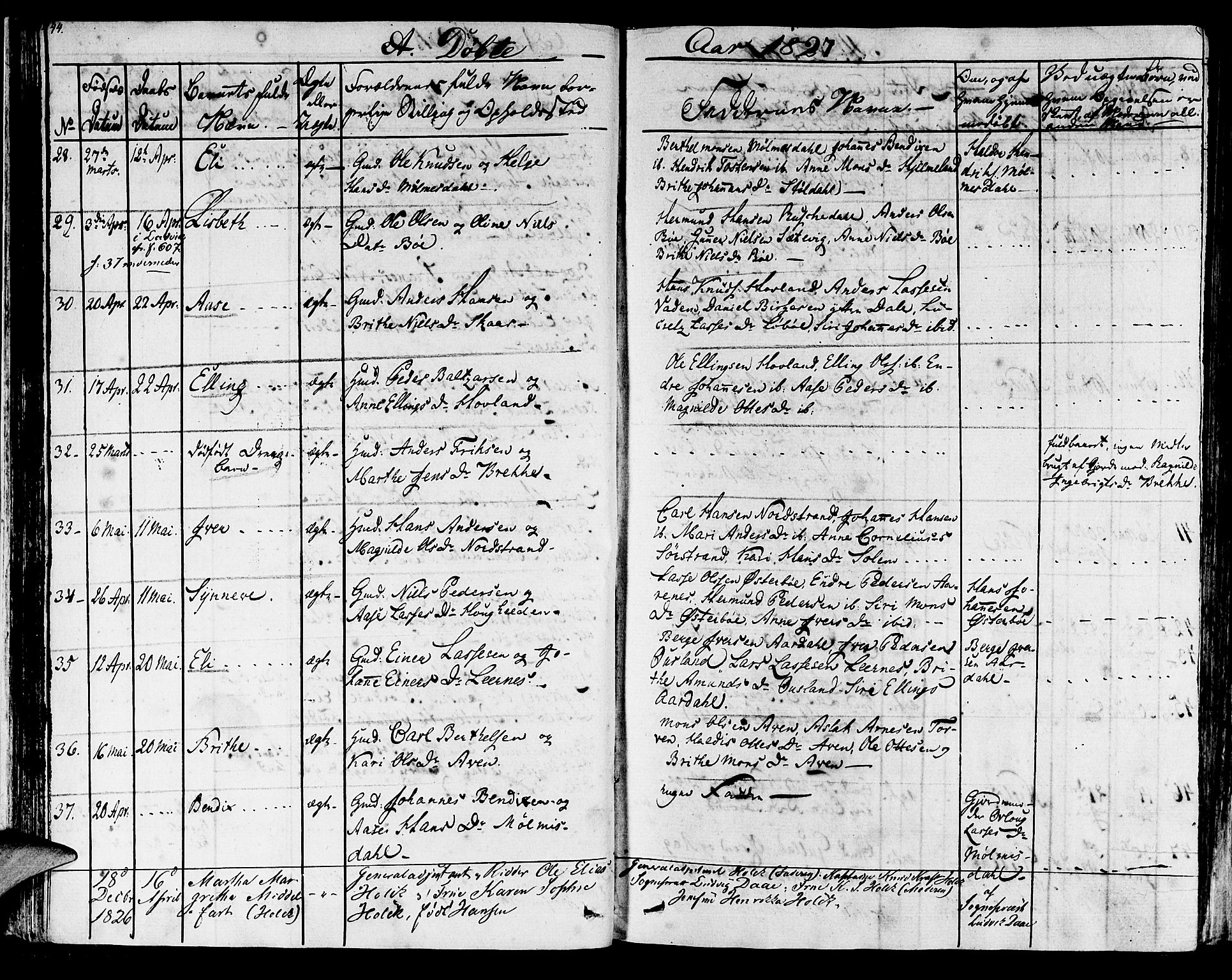 Lavik sokneprestembete, SAB/A-80901: Parish register (official) no. A 2I, 1821-1842, p. 44