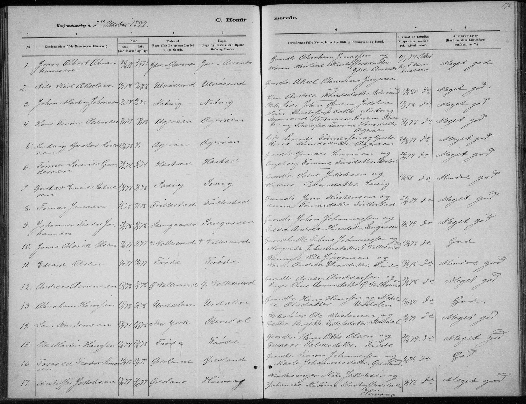 Høvåg sokneprestkontor, SAK/1111-0025/F/Fb/L0004: Parish register (copy) no. B 4, 1883-1898, p. 176