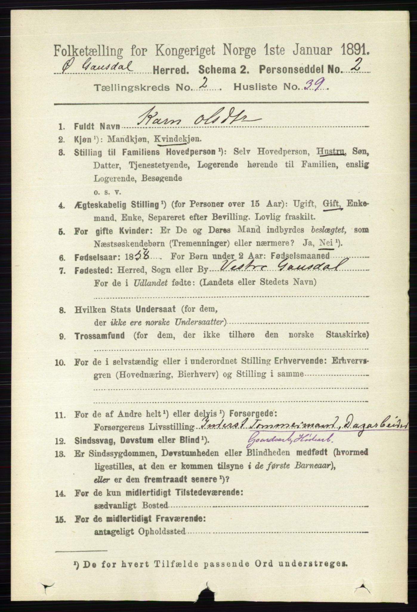 RA, 1891 census for 0522 Østre Gausdal, 1891, p. 1465