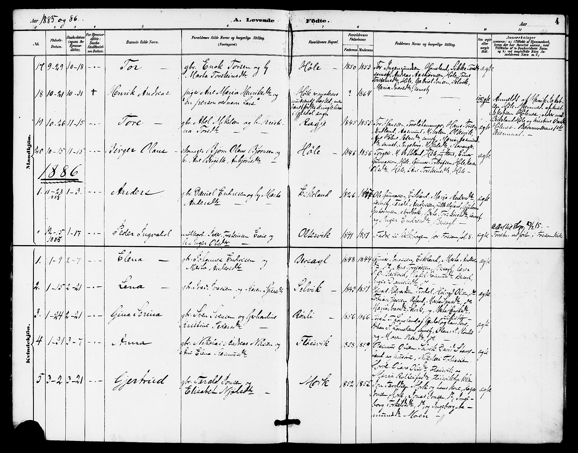 Høgsfjord sokneprestkontor, AV/SAST-A-101624/H/Ha/Haa/L0005: Parish register (official) no. A 5, 1885-1897, p. 4