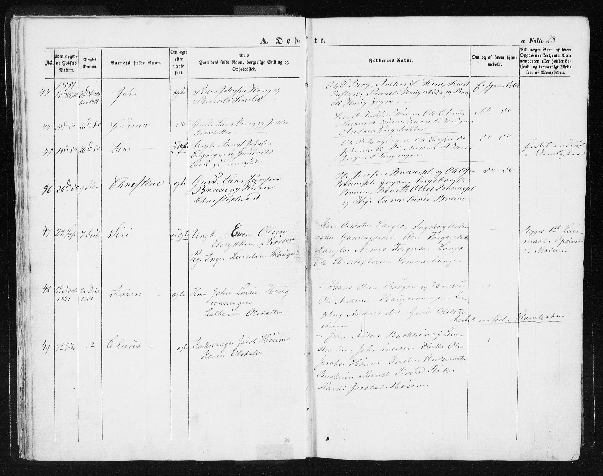 Ministerialprotokoller, klokkerbøker og fødselsregistre - Sør-Trøndelag, SAT/A-1456/612/L0376: Parish register (official) no. 612A08, 1846-1859, p. 28