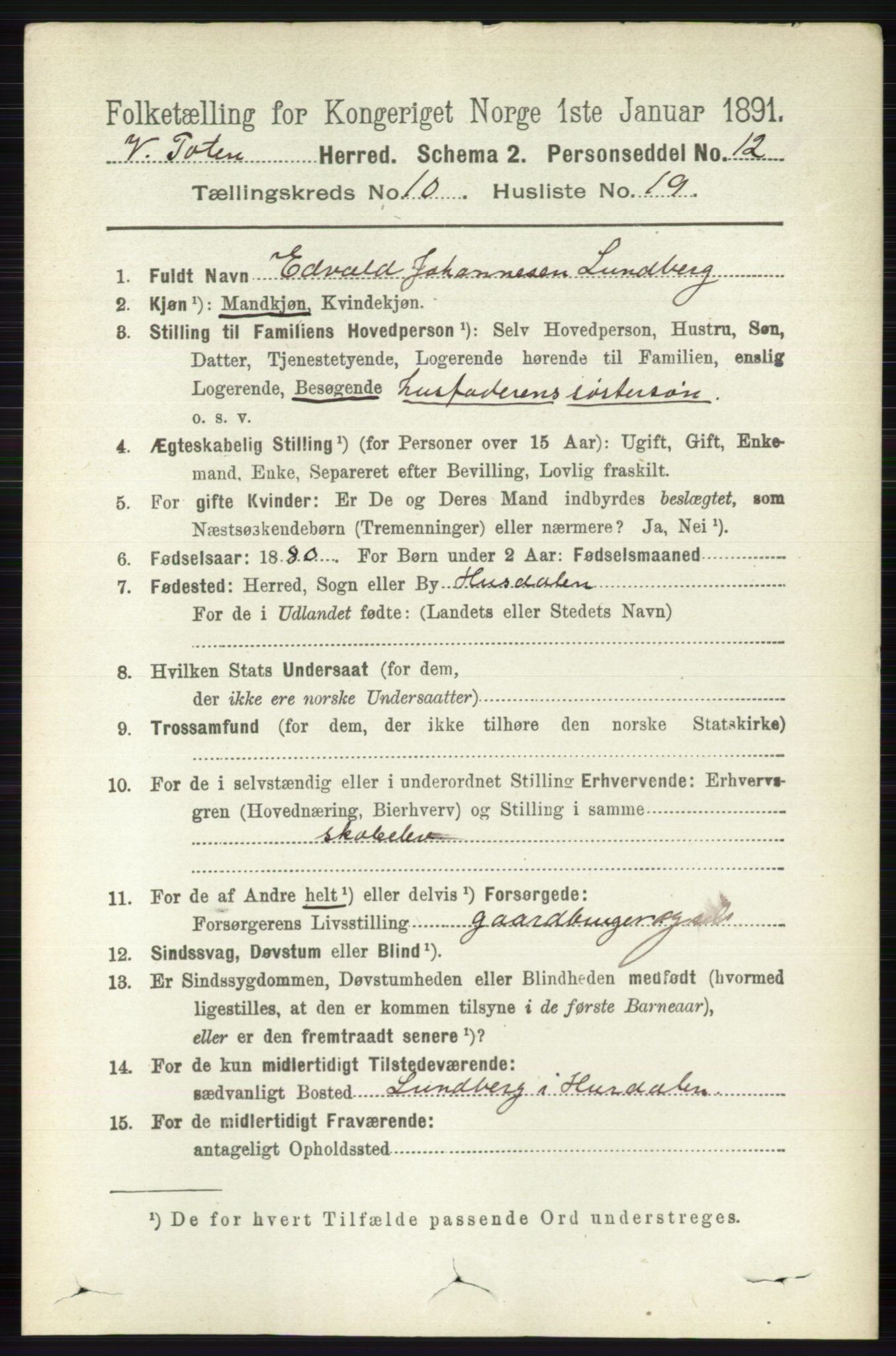 RA, 1891 census for 0529 Vestre Toten, 1891, p. 6310