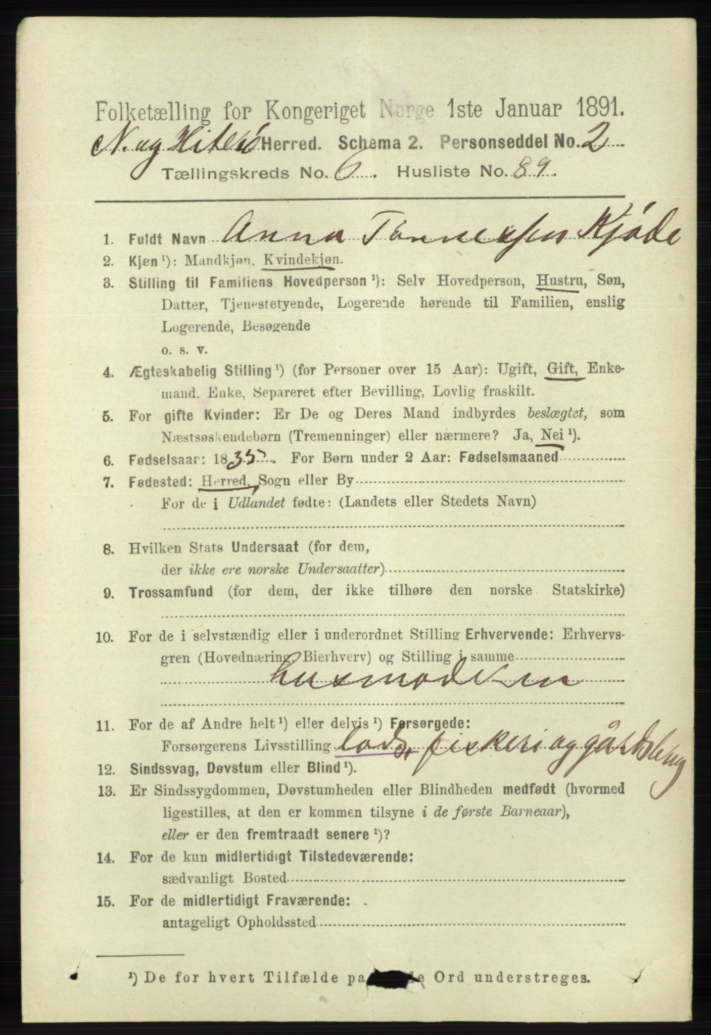 RA, 1891 census for 1043 Hidra og Nes, 1891, p. 2708