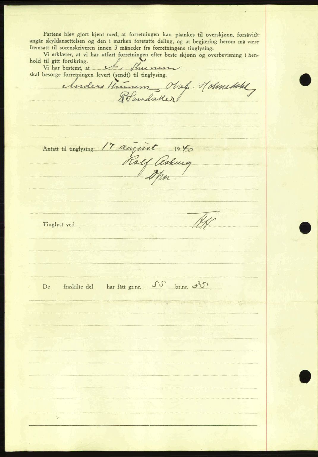 Nes tingrett, SAO/A-10548/G/Gb/Gbb/L0010: Mortgage book no. 54, 1939-1940, Diary no: : 1107/1940