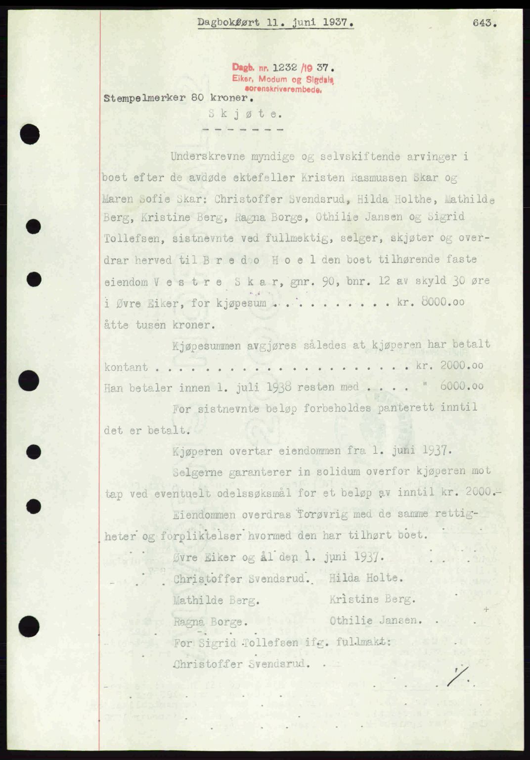 Eiker, Modum og Sigdal sorenskriveri, SAKO/A-123/G/Ga/Gab/L0035: Mortgage book no. A5, 1937-1937, Diary no: : 1232/1937