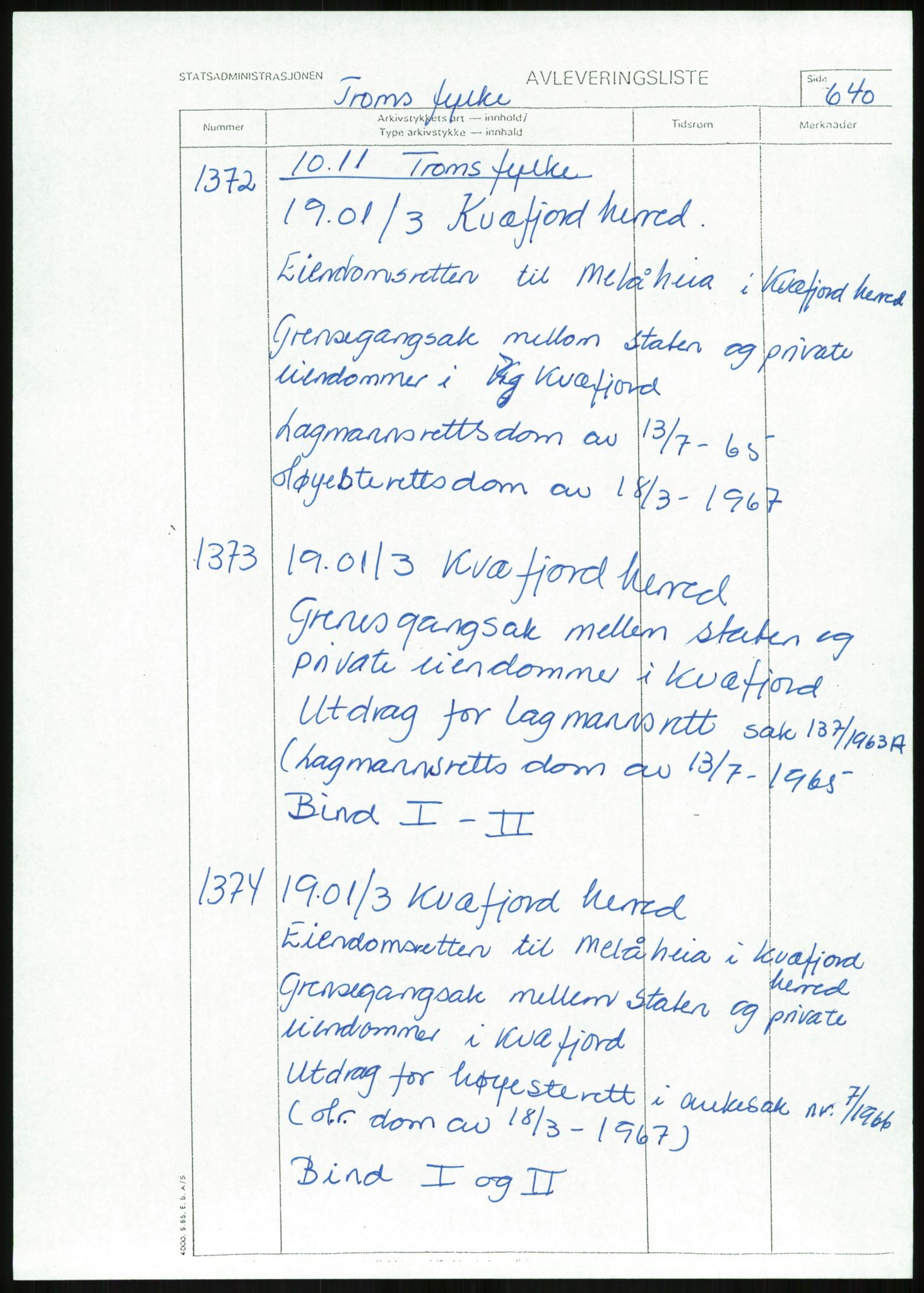 Direktoratet for statens skoger, RA/S-1600/2/E/Eg/L0003: Arkivliste for 10.11-serien. Nord-Trøndelag til Finnmark fylke. Mappenr. 926 - 1505, 1957-1992, p. 439
